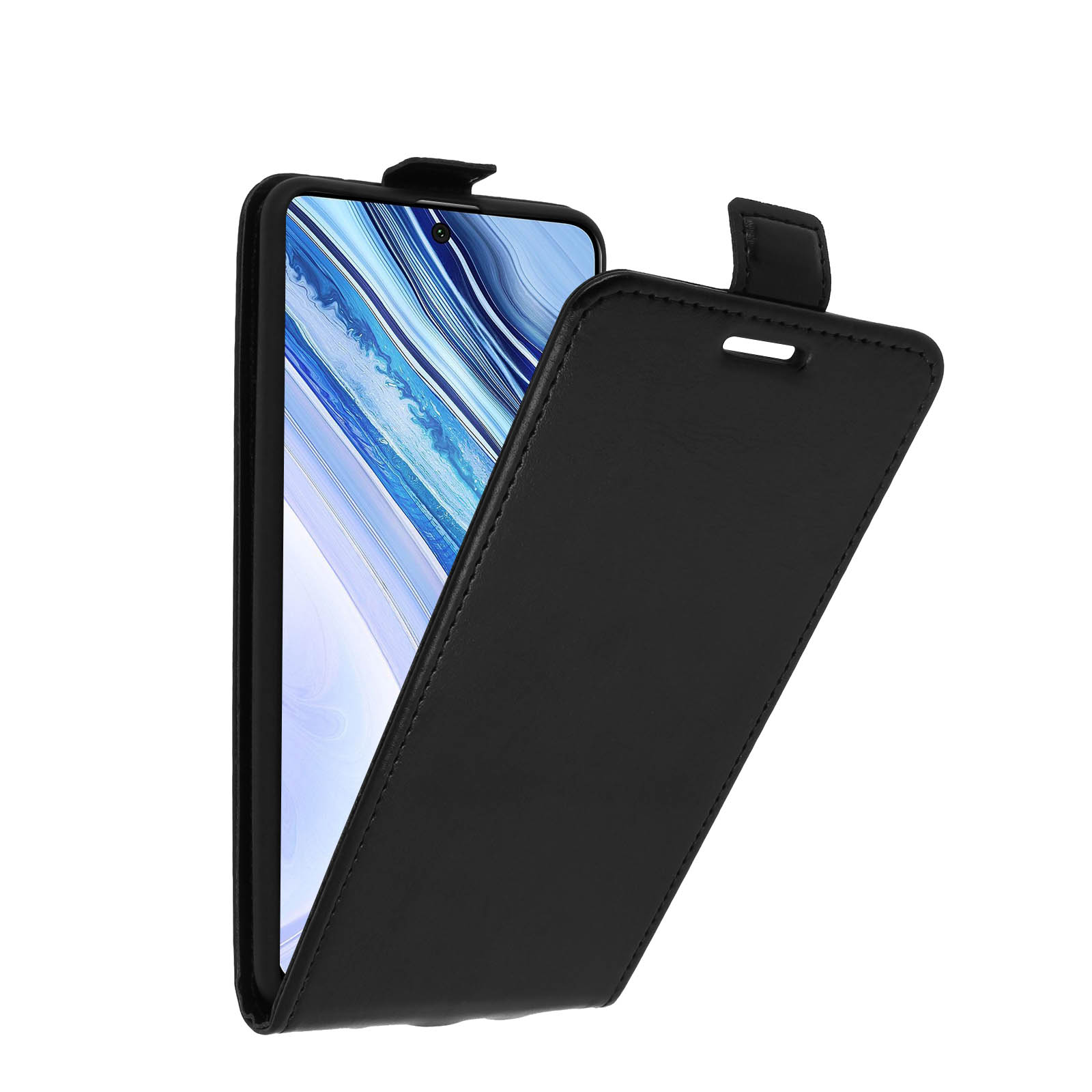 Une coque de téléphone noire qui s'ouvre pour révéler un téléphone. Le téléphone est noir.