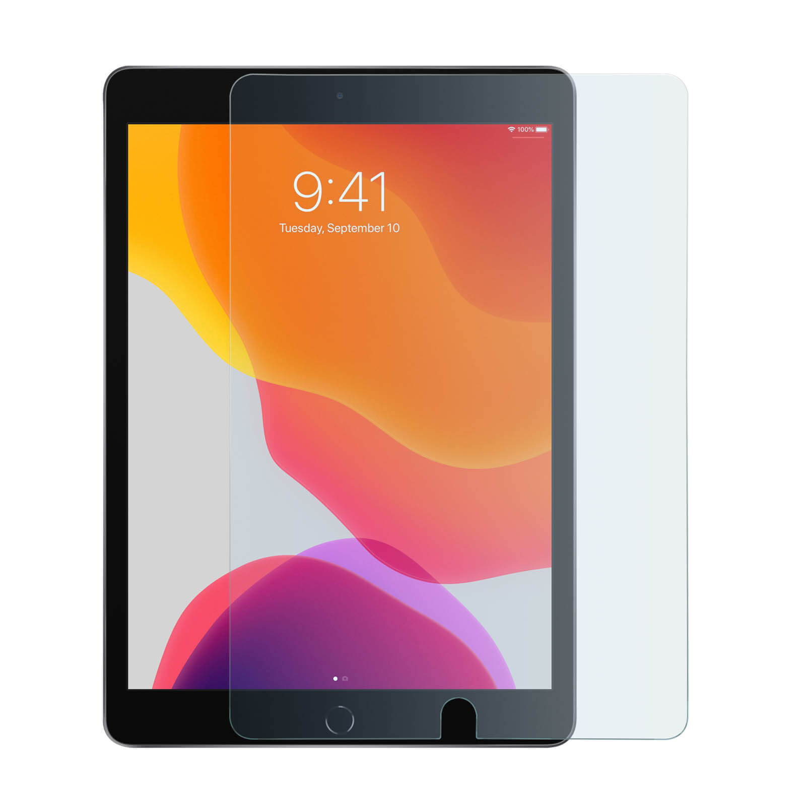 Tablet con protezione per lo schermo applicata. Lo schermo mostra un'interfaccia colorata.