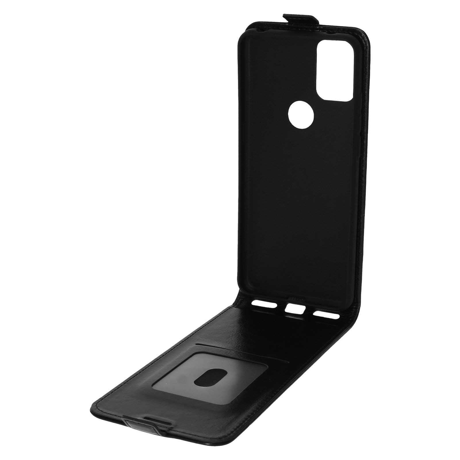 Custodia nera per telefono, aperta. Mostra l'interno e le aperture per la fotocamera e lo schermo del telefono.