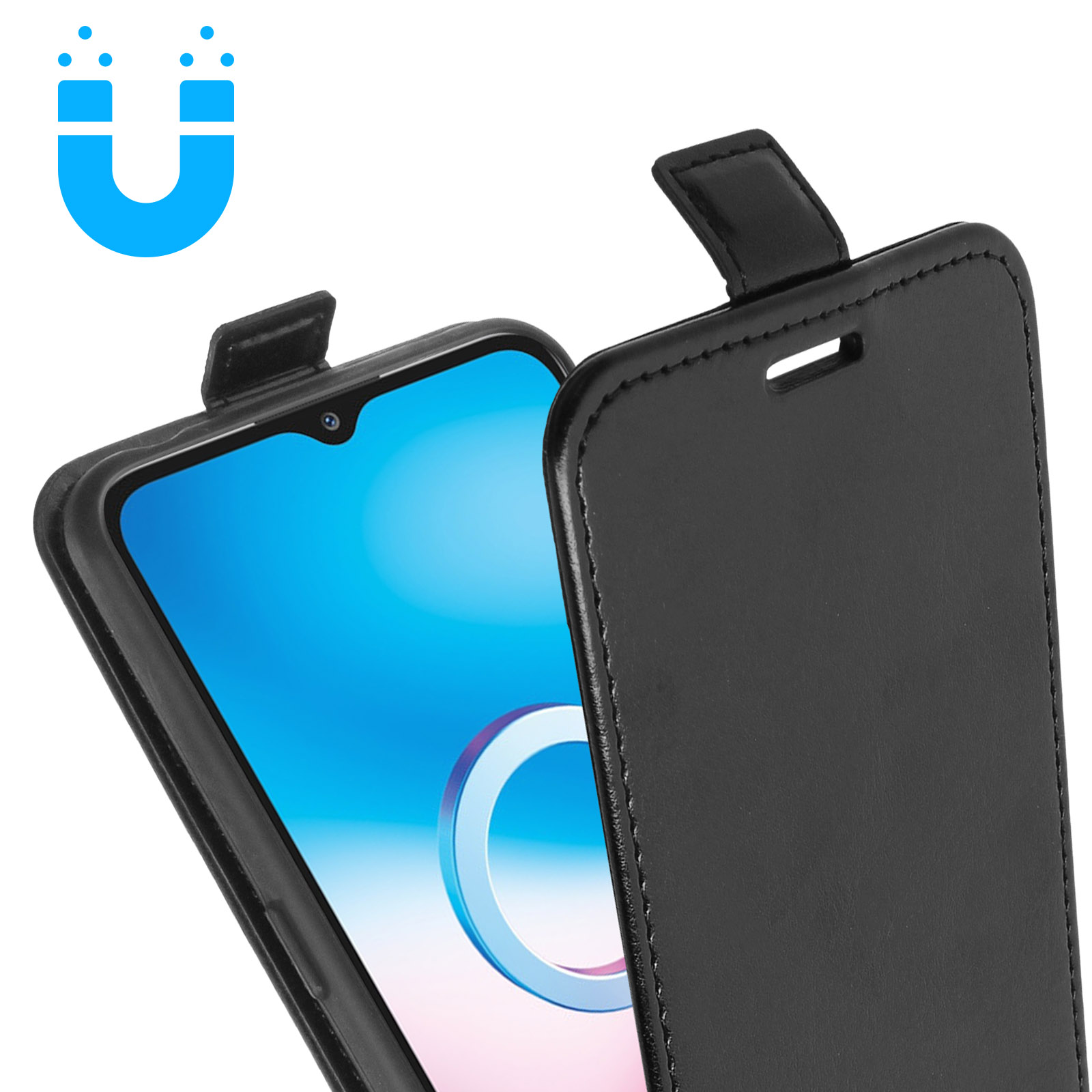 Custodia nera per telefono aperta, rivela un telefono con schermo blu. Un'icona a calamita blu in alto a sinistra.