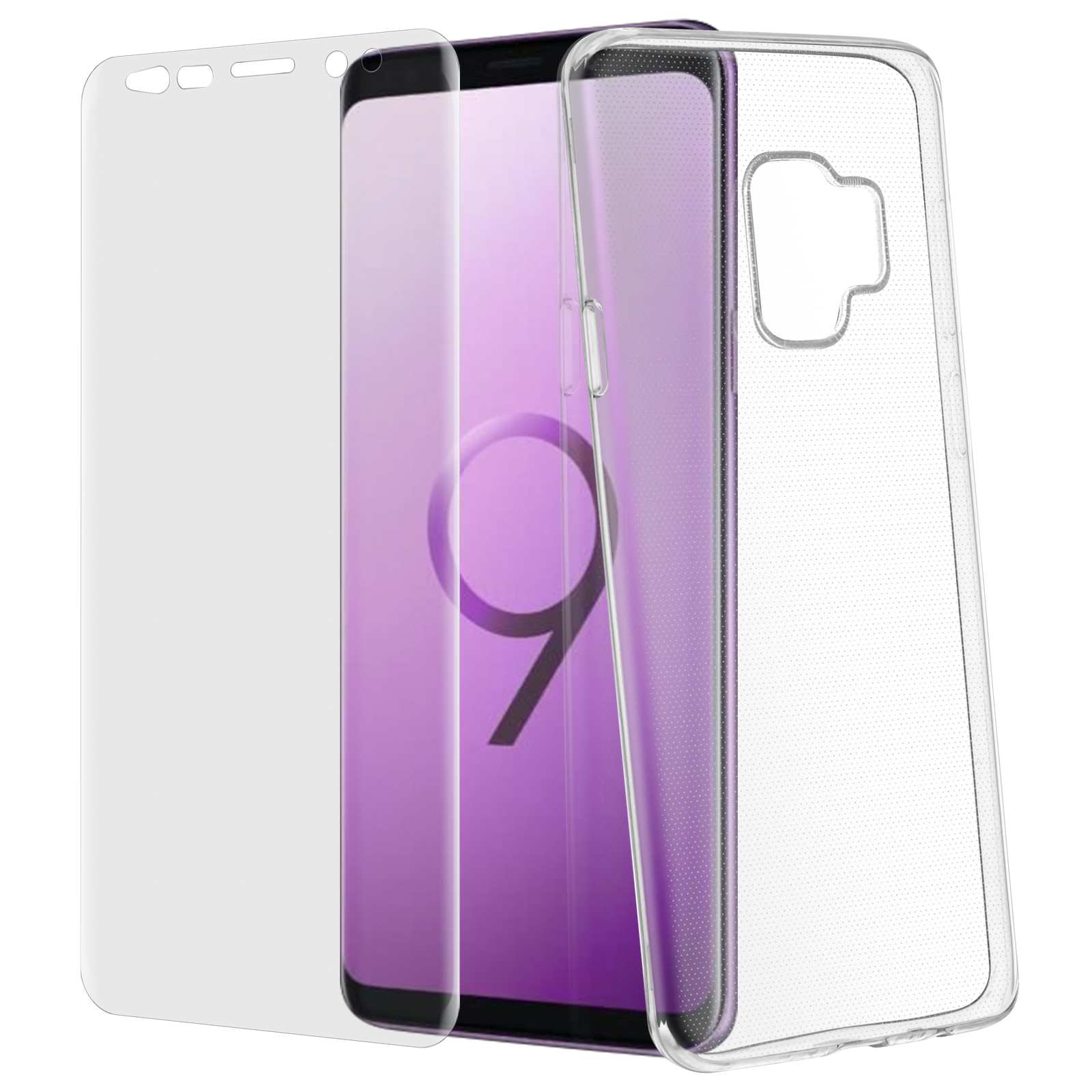 Un telefono con protezione schermo e custodia. Lo schermo mostra un'immagine viola. Sfondo bianco.