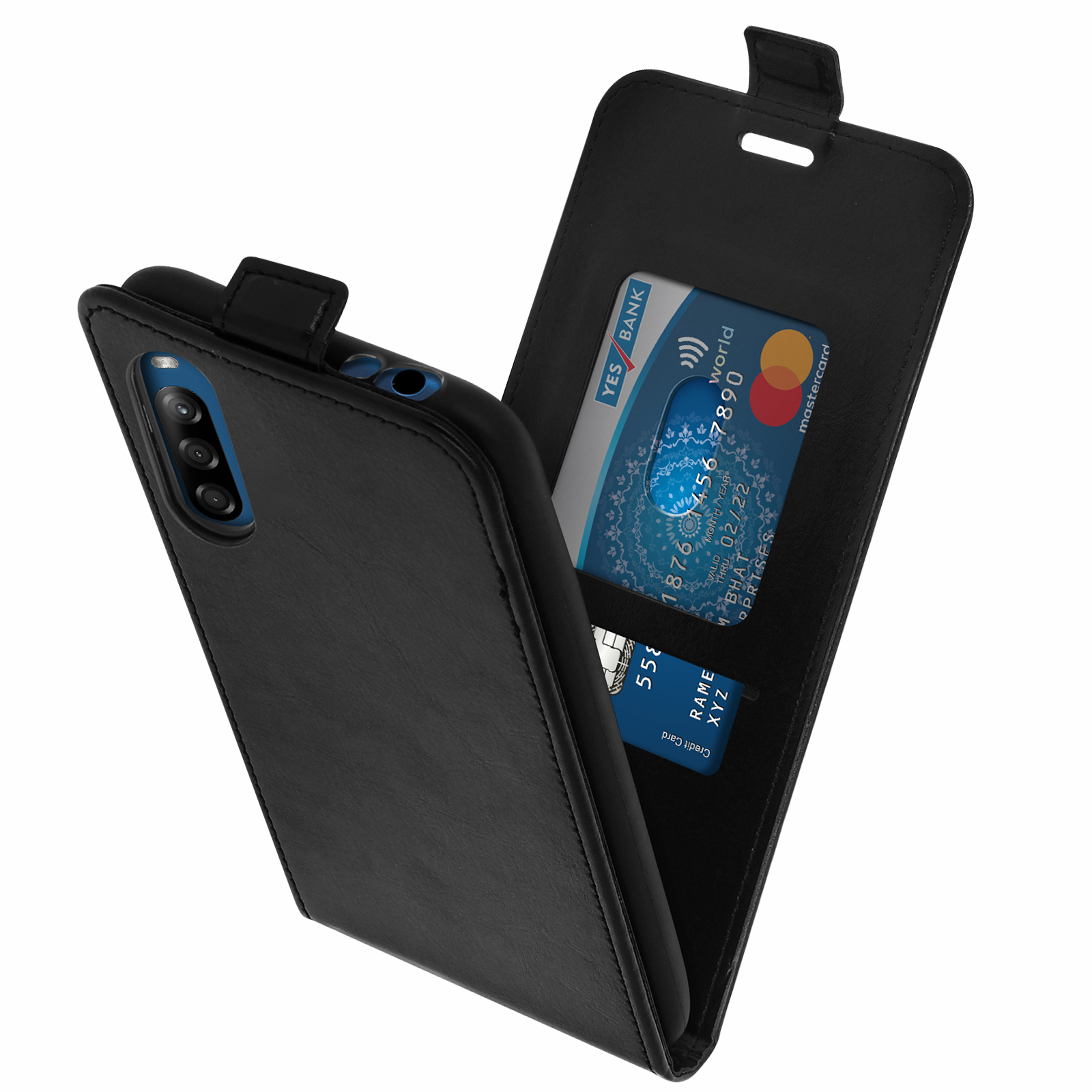 Custodia nera per telefono con carte all'interno. Il telefono è aperto.