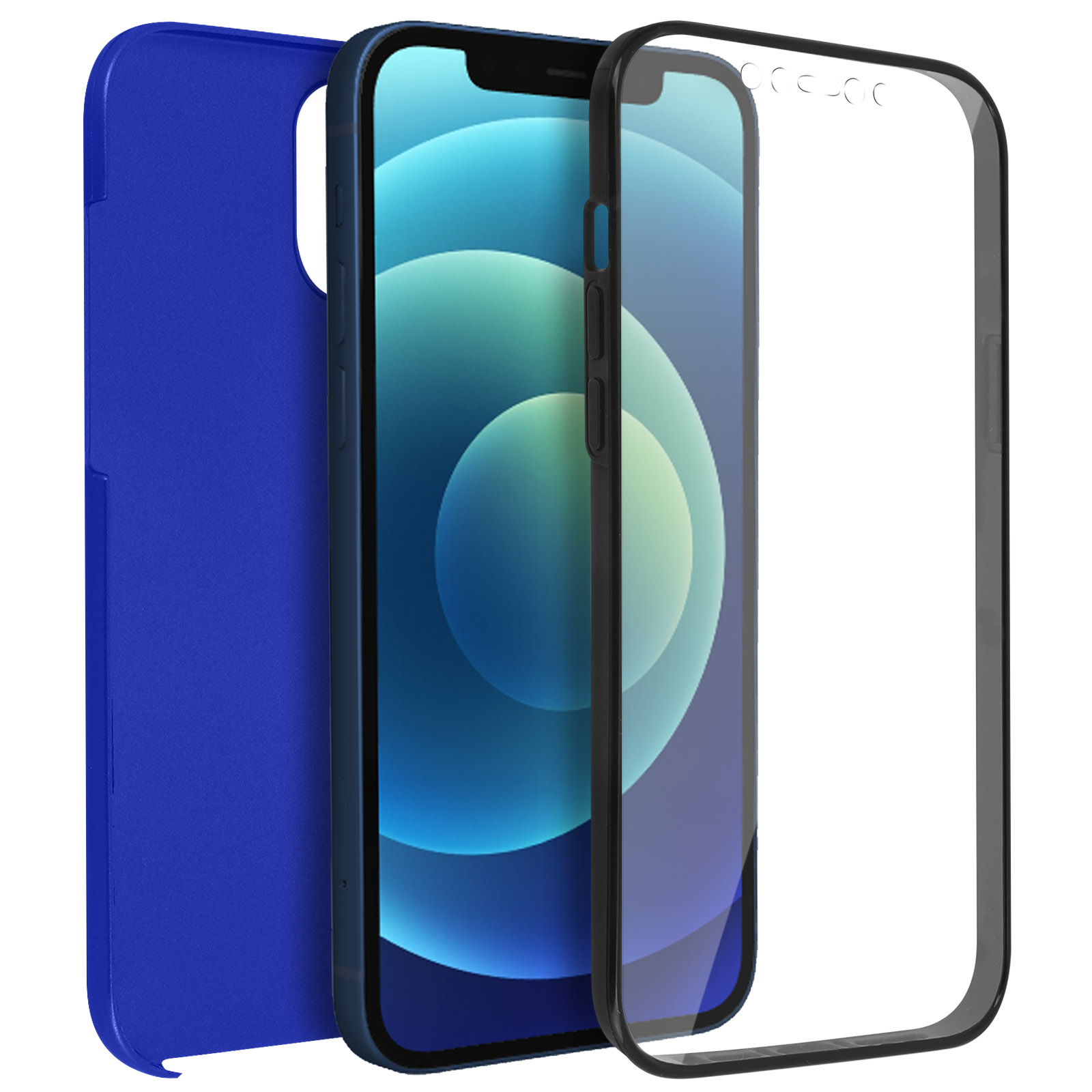 Telefoon gedemonteerd met hoesje, schermbeschermer en telefoon. Blauwe telefoon met zwart frame en een hoesje.