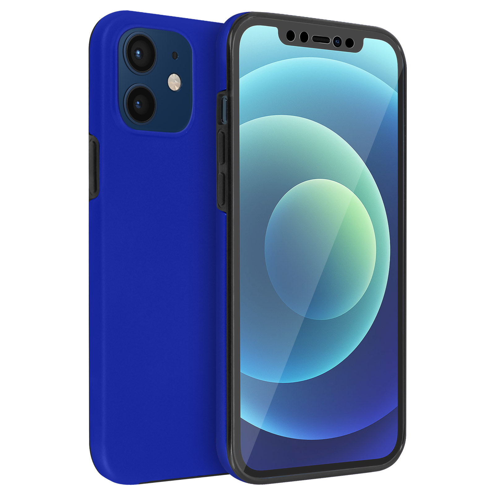 Blauwe telefoonhoes en een telefoon. De hoes bedekt de achterkant en zijkanten van de telefoon en toont het scherm.