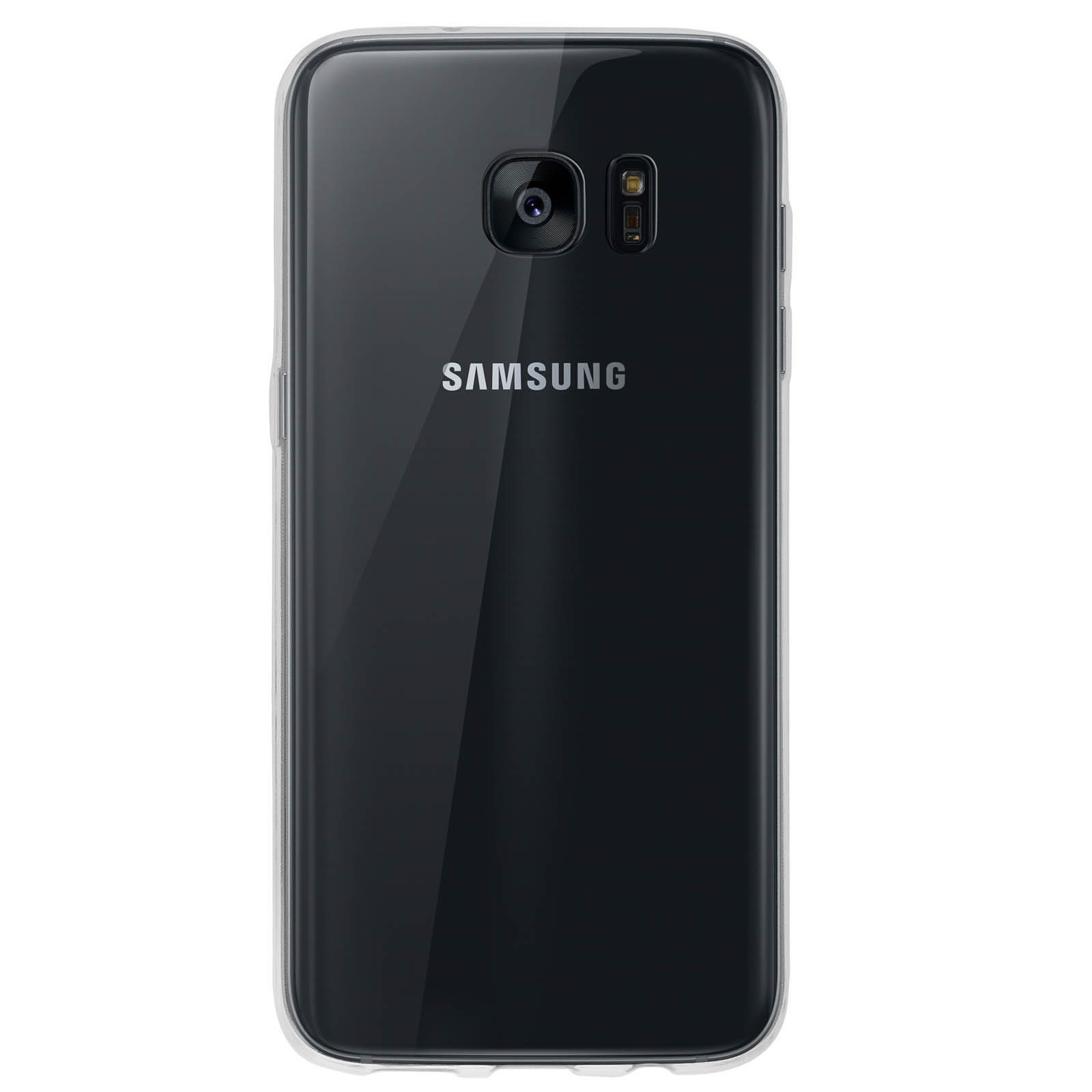 Telefono Samsung nero in custodia trasparente, fotocamera visibile, logo in basso. Lo sfondo è nero.