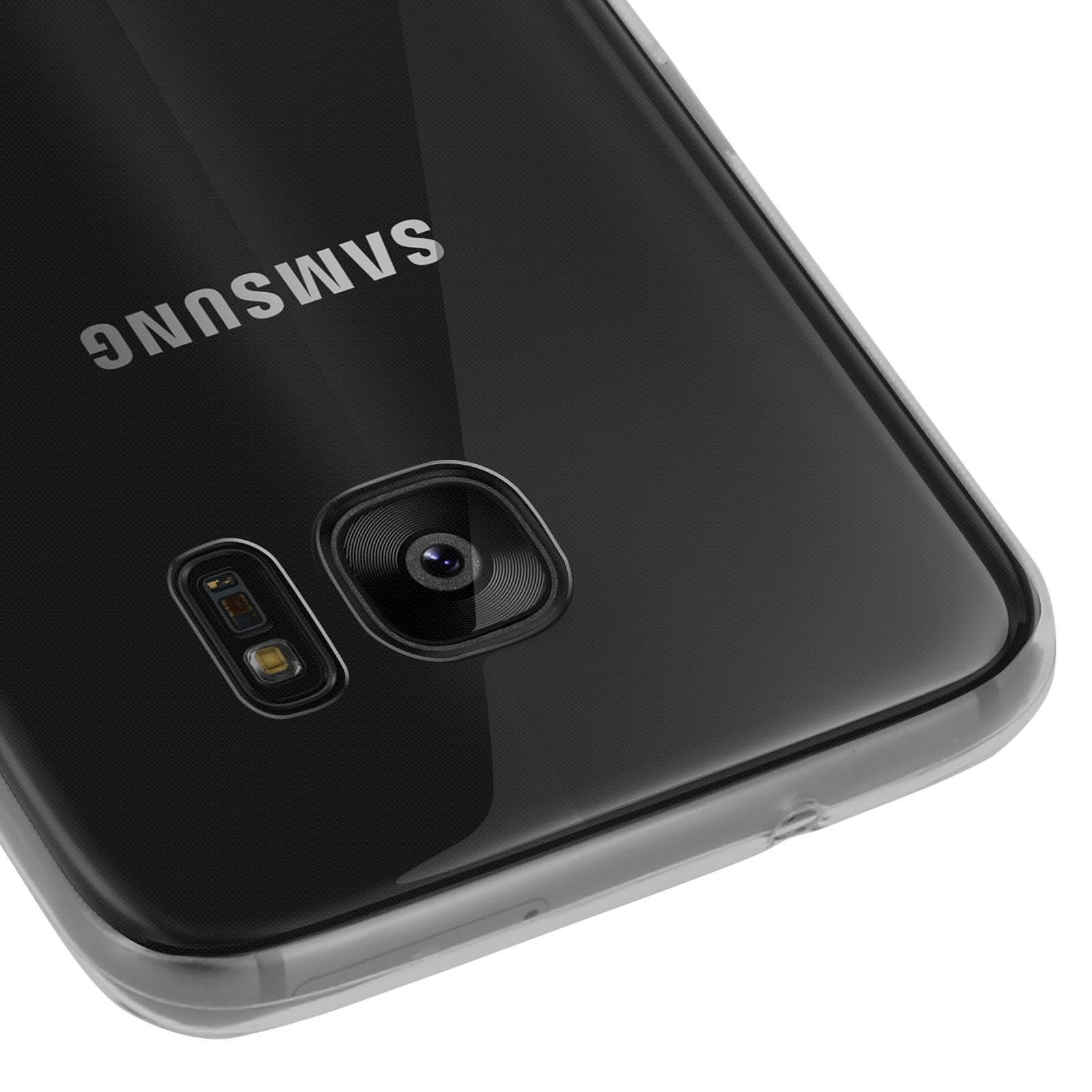 Un primo piano di un telefono nero con il logo Samsung, una fotocamera e un flash.