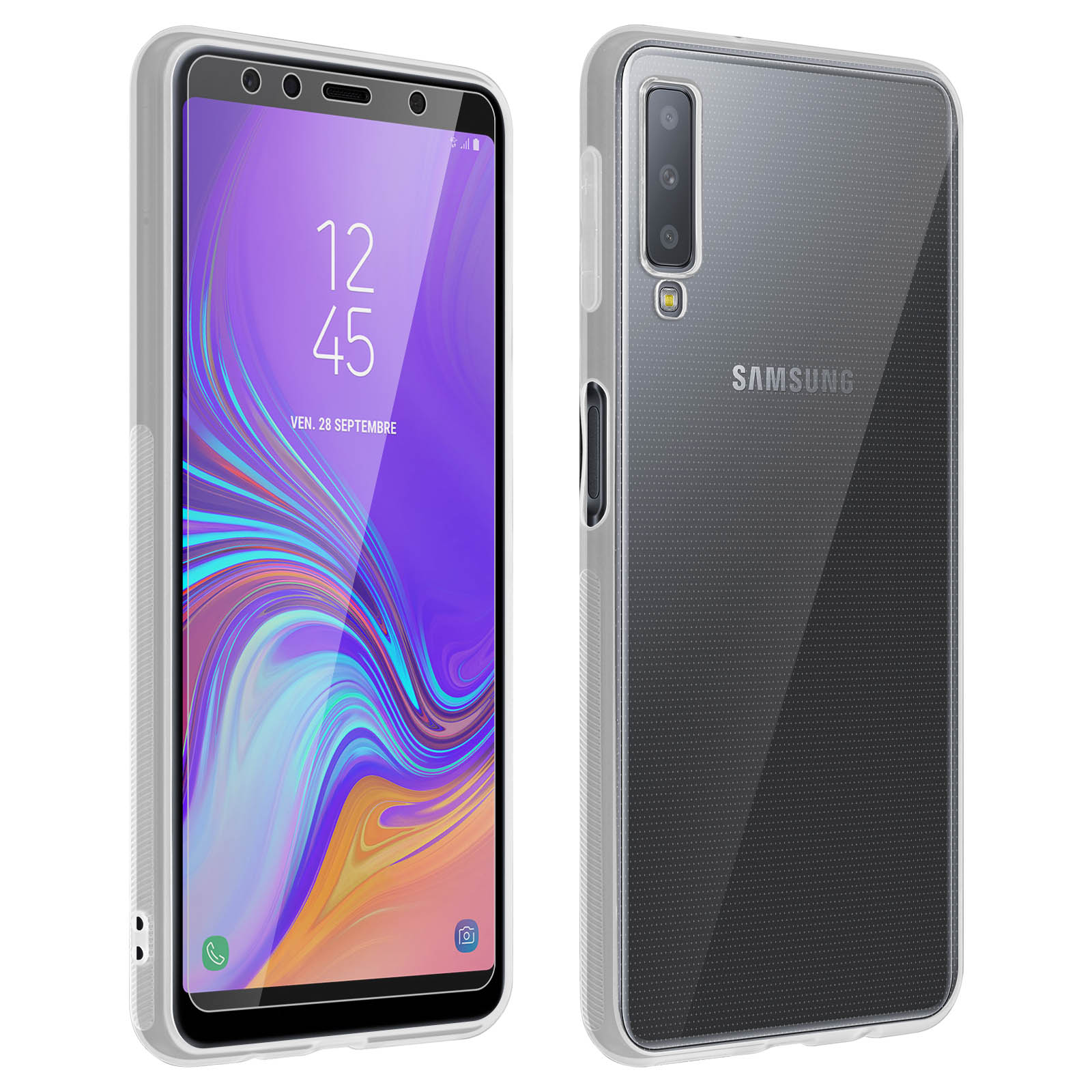 Samsung-Telefon in klarer Hülle. Zeigt die Uhrzeit. Rückseite des Telefons sichtbar.