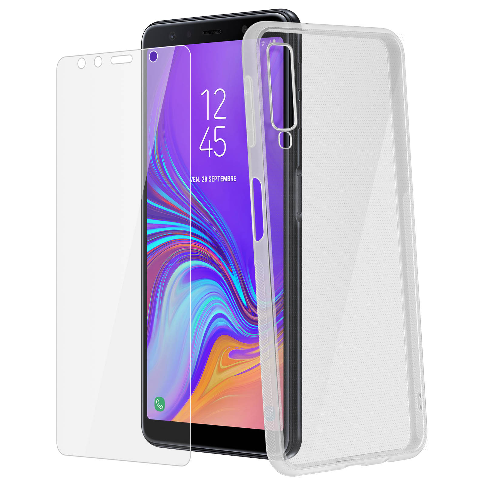 Ein Telefon mit Displayschutz und Hülle liegen nebeneinander.