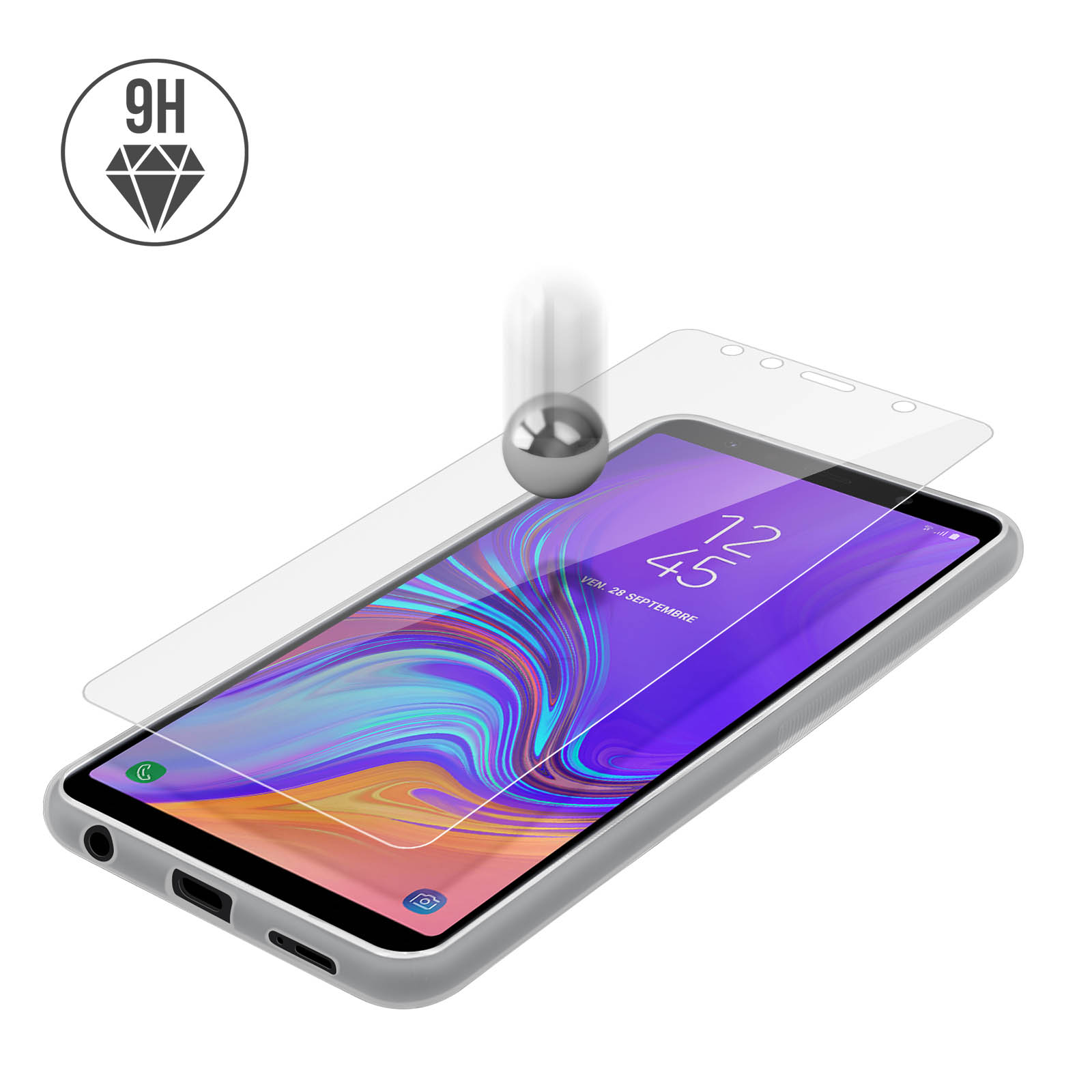 Telefon mit Displayschutz. Eine Metallkugel fällt auf den Bildschirm. Weißer Hintergrund.