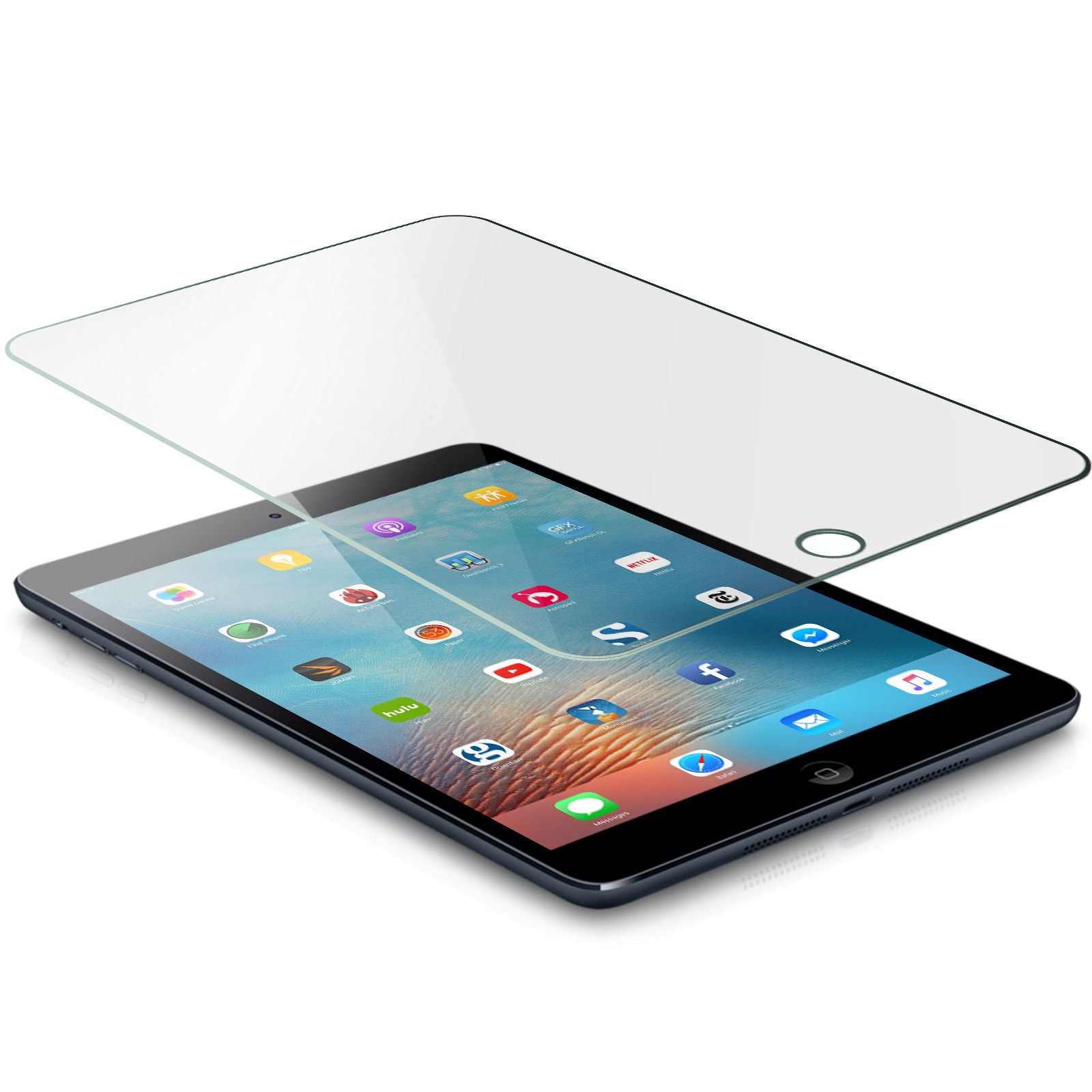 Tablet con protezione schermo, icone visibili. Protezione leggermente sollevata.