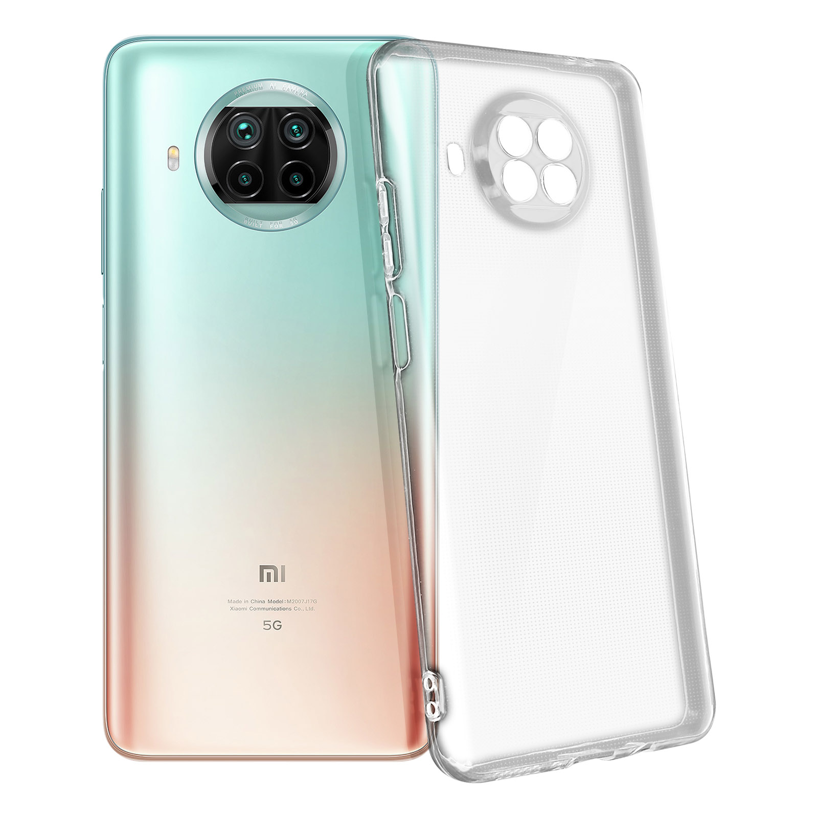 Un telefono con custodia trasparente, vista posteriore, con più obiettivi, su sfondo bianco.