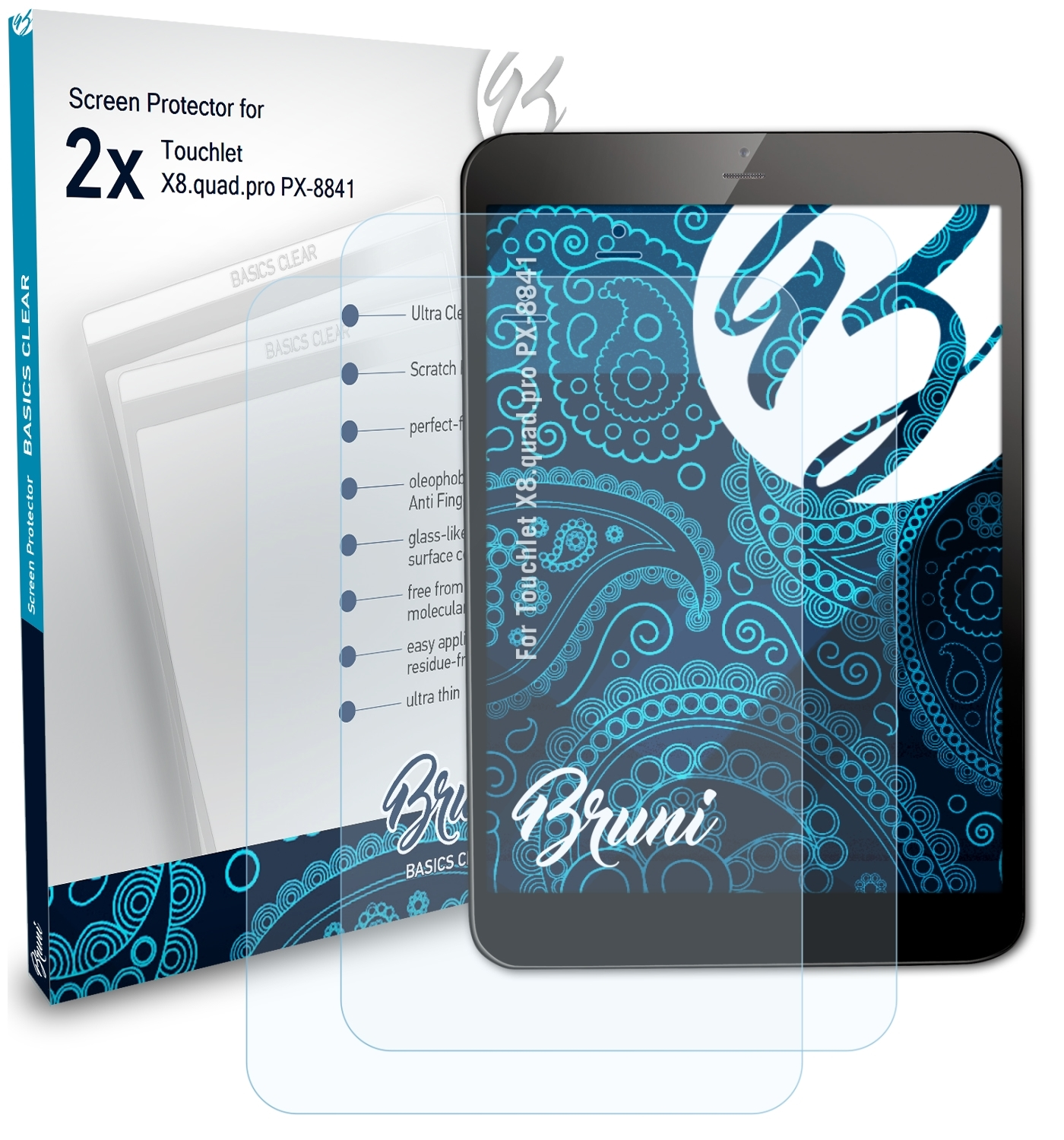 2x Schutzfolie(für (PX-8841)) Basics-Clear X8.quad.pro BRUNI Touchlet