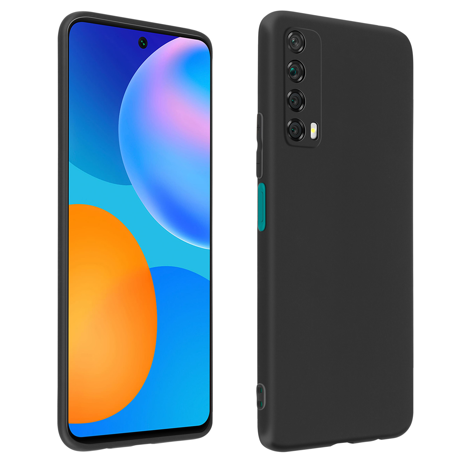 Zwarte smartphone met een blauw en oranje scherm, en een zwarte case.