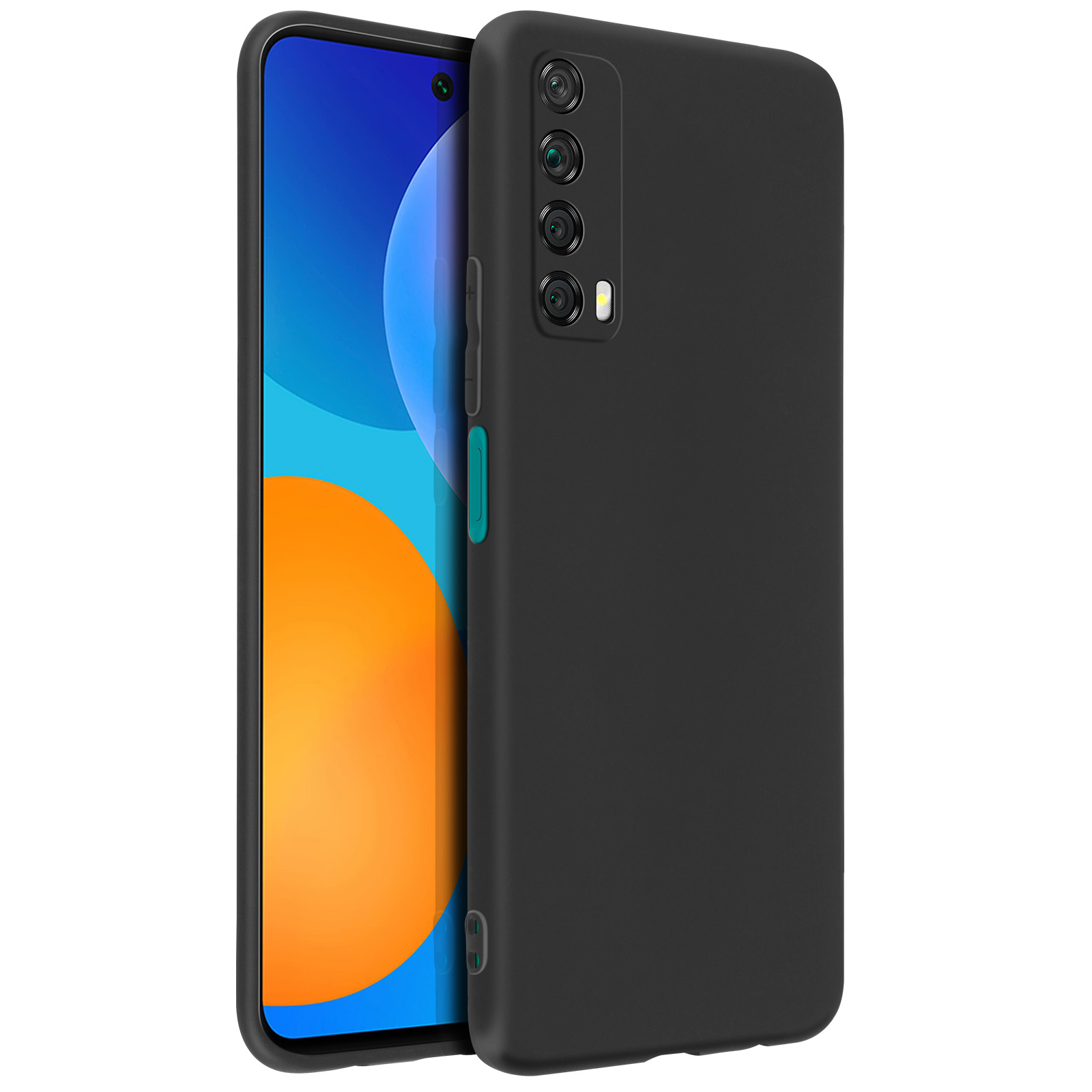 Zwarte telefoon met een zwarte hoes, toont de achterkant met cameralenzen, op een witte ondergrond.