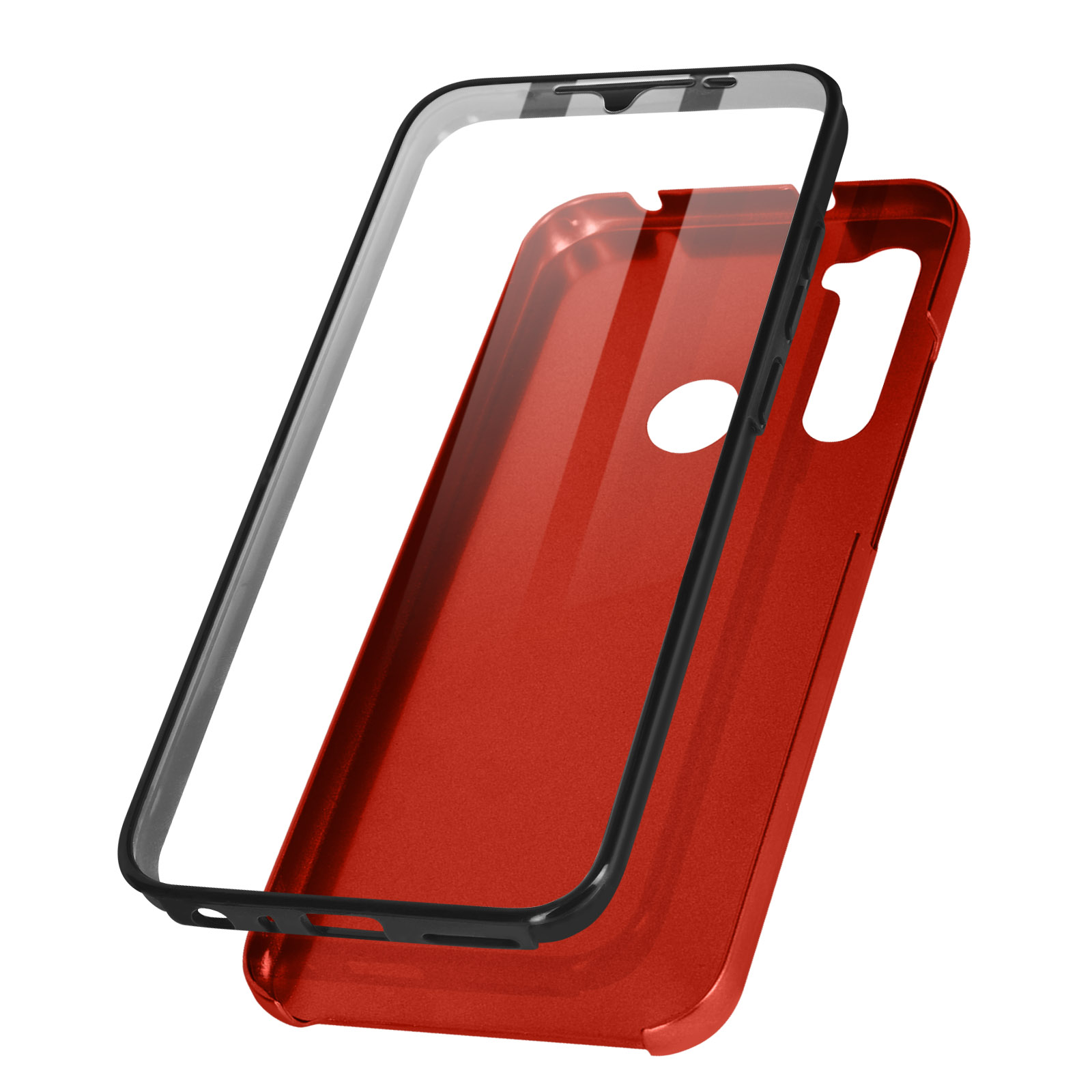 Coque de téléphone rouge avec cadre noir, couvercle transparent. La coque est démontée.