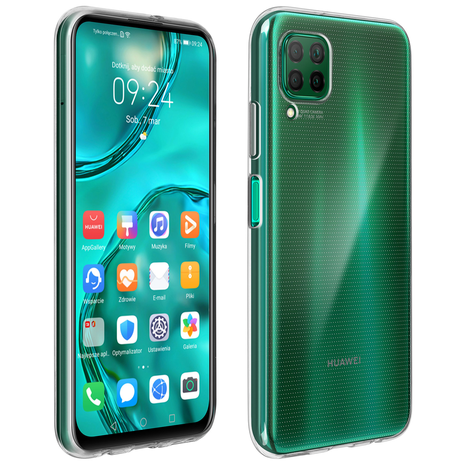Téléphone vert dans un étui transparent. Vues avant et arrière. L'écran affiche l'heure.