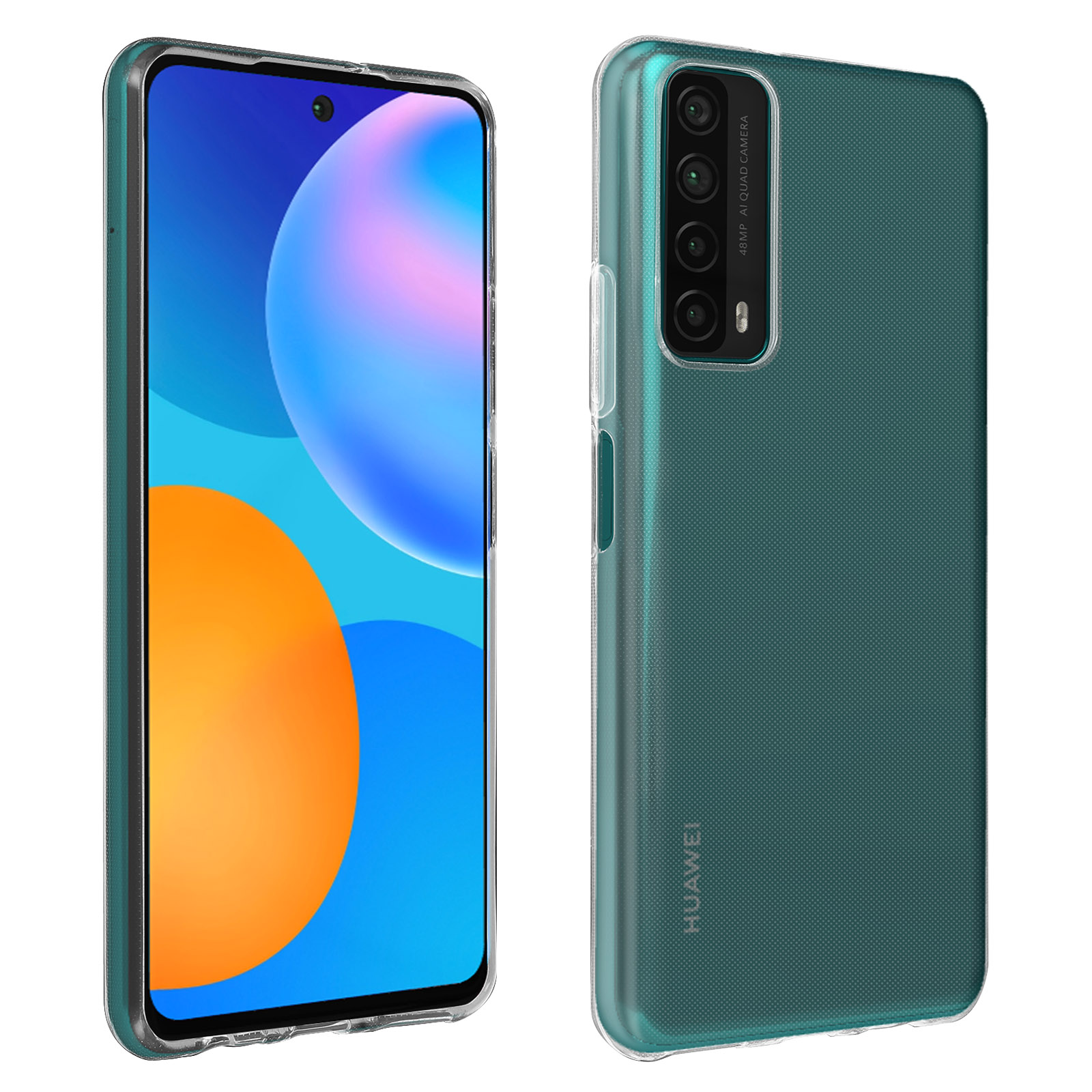 Coque de téléphone verte avec un téléphone. Le téléphone est noir, avec un fond bleu et orange sur l'écran.