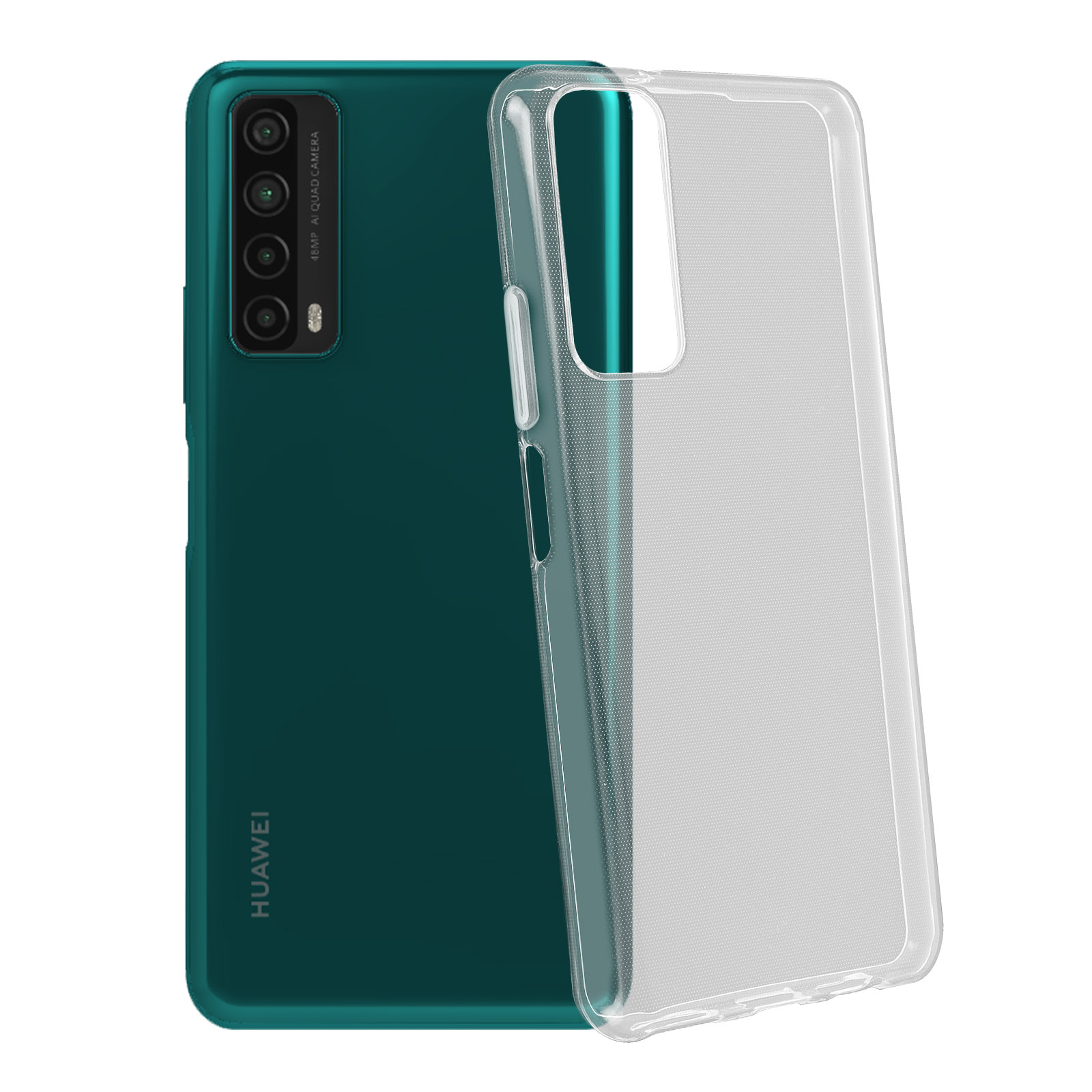 Téléphone vert avec coque transparente sur une surface claire. Le téléphone a plusieurs caméras.