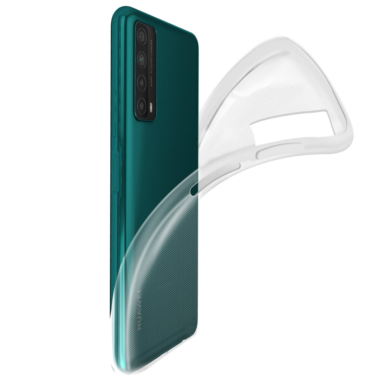 Téléphone turquoise avec coque transparente. Fond blanc.