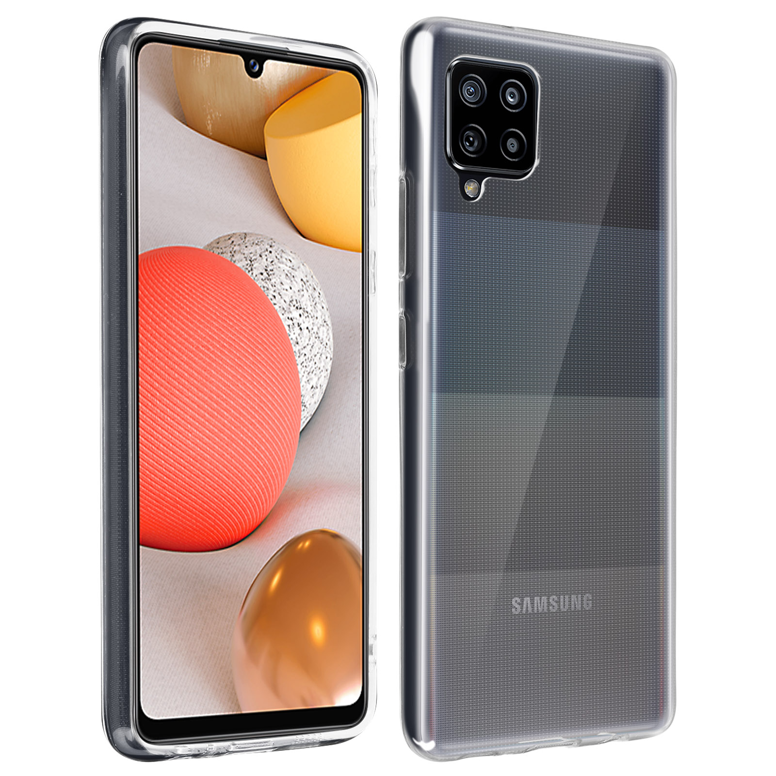 Een doorzichtige telefoonhoes, met een telefoon met een doorzichtige hoes van voor en achter.