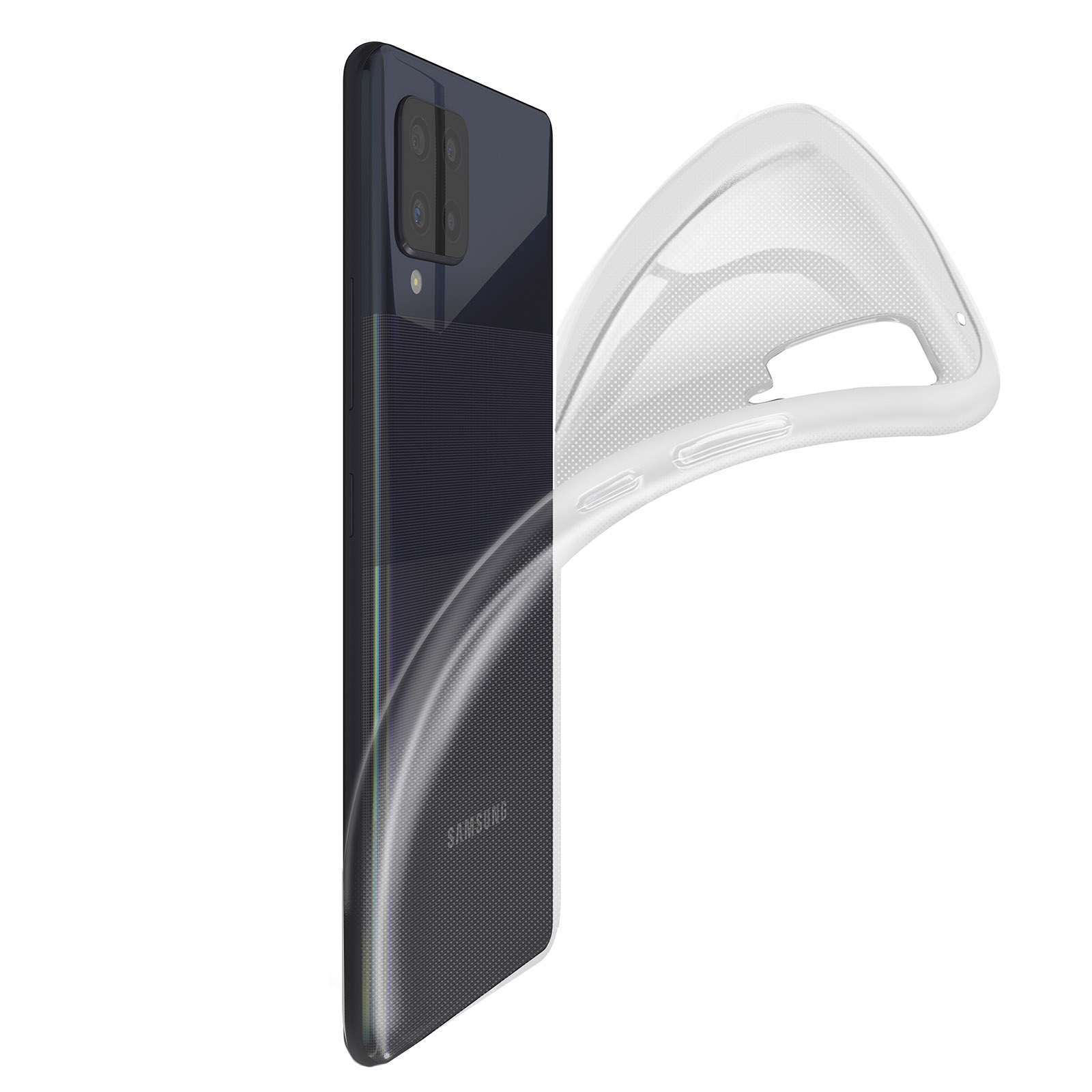 Telefoonhoes; zwarte telefoon getoond binnenin. Doorzichtige hoes wordt rechts getoond.