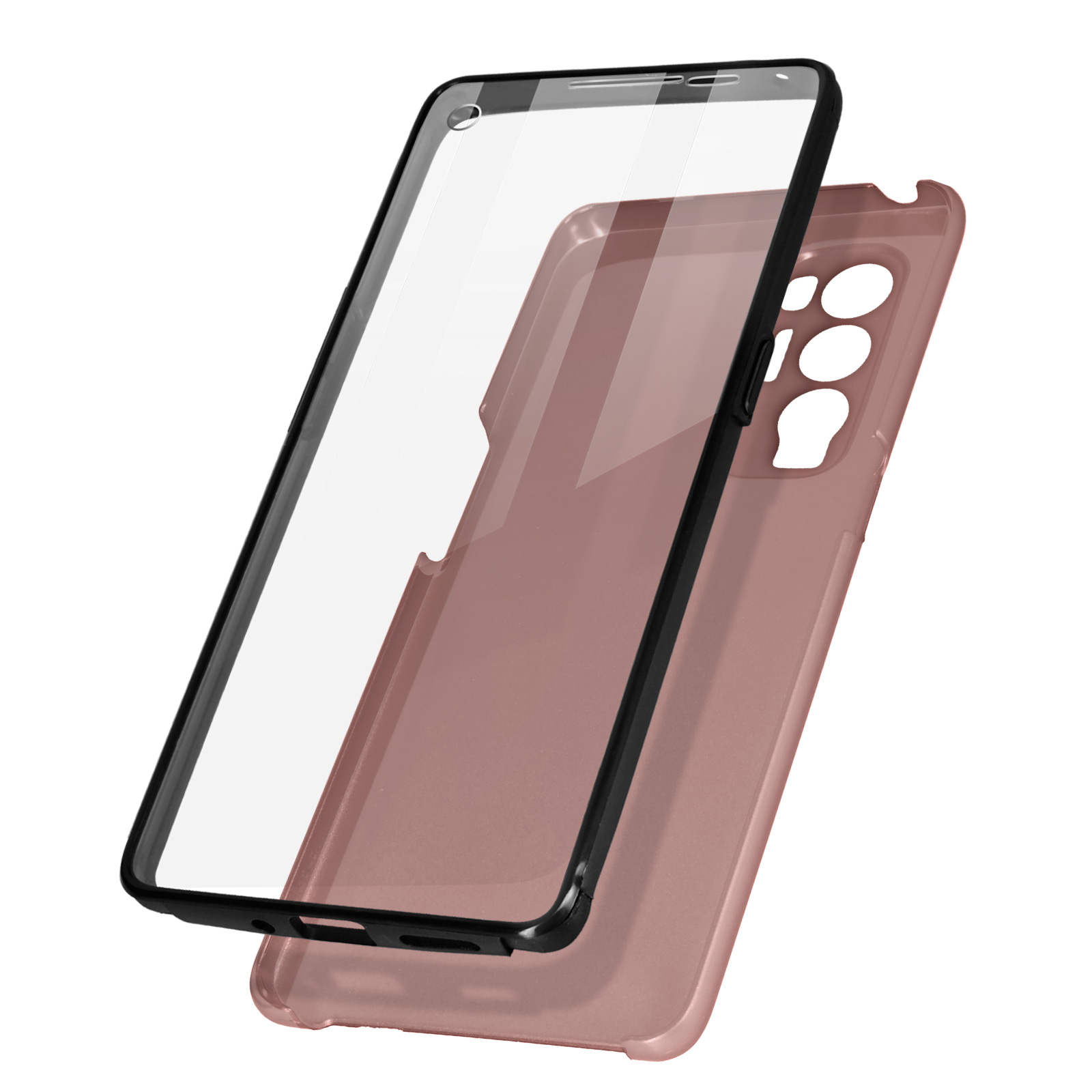 Een telefoon en een hoesje. De telefoon heeft een schermbeschermer. Het hoesje is roze en de telefoon is zwart.