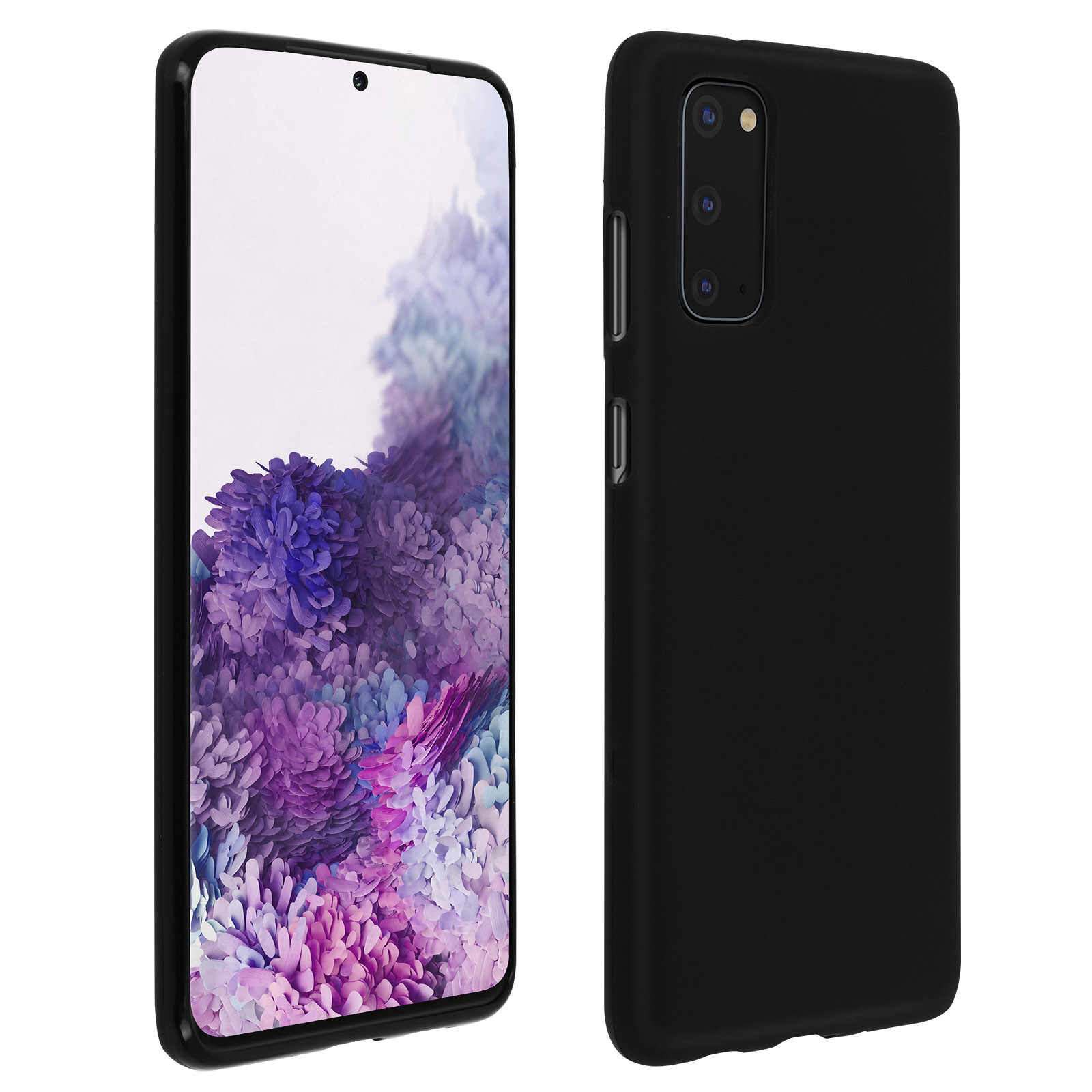 Zwarte telefoon in een hoes, twee weergaven. De telefoon toont een paars-blauw scherm.