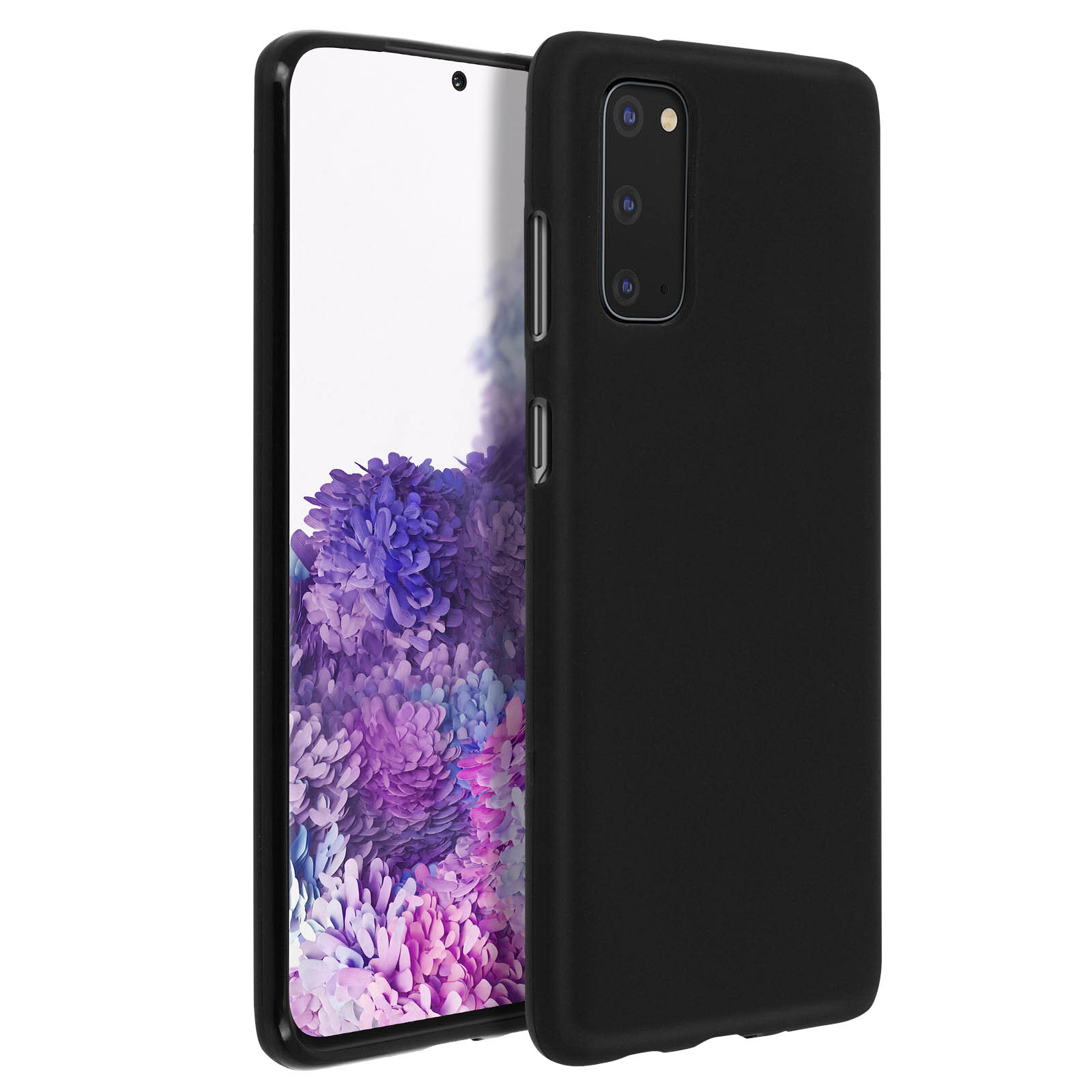Un étui de téléphone noir et un téléphone avec écran, sur fond blanc.