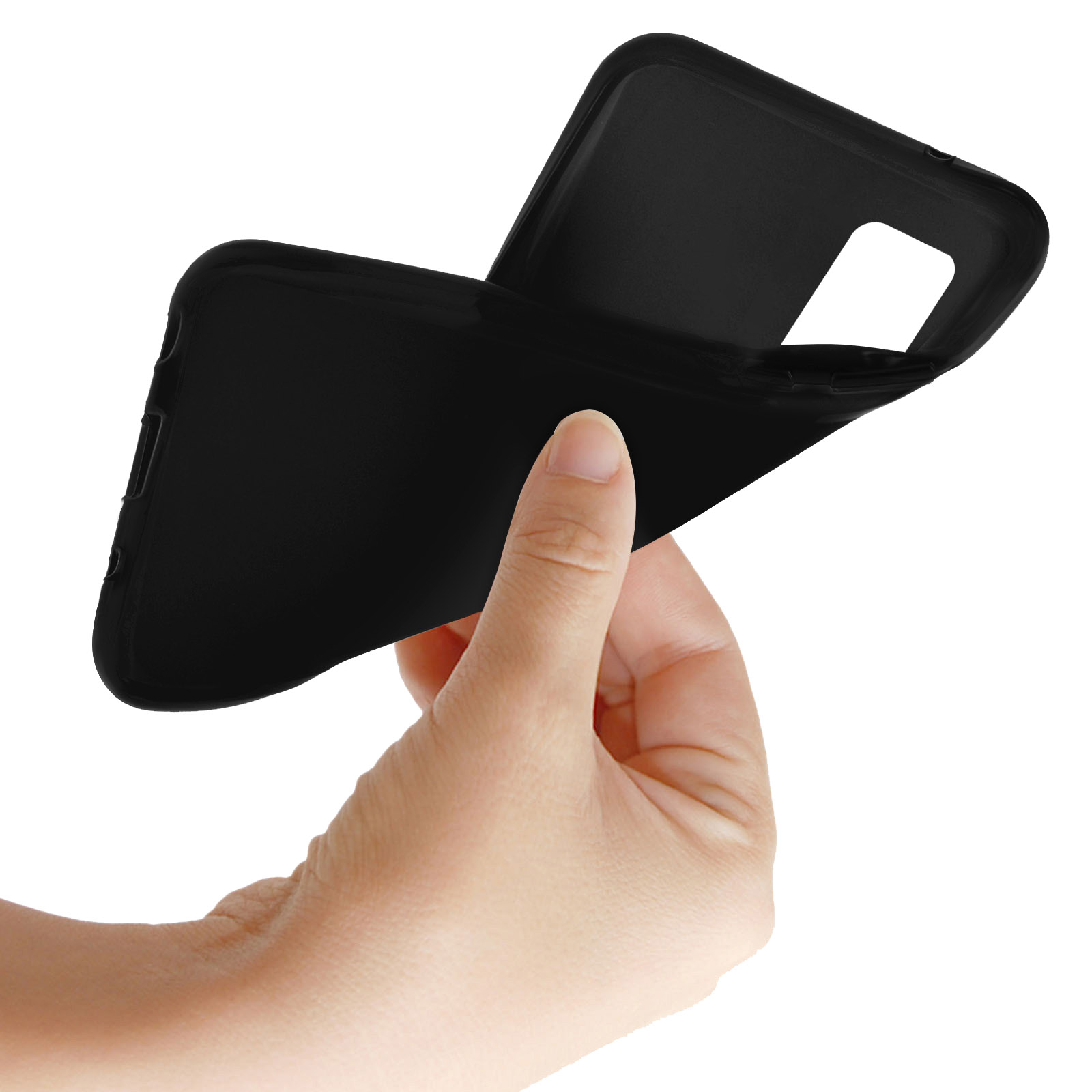 Een hand die een zwart telefoonhoesje vasthoudt, de binnenkant van het hoesje tonend.