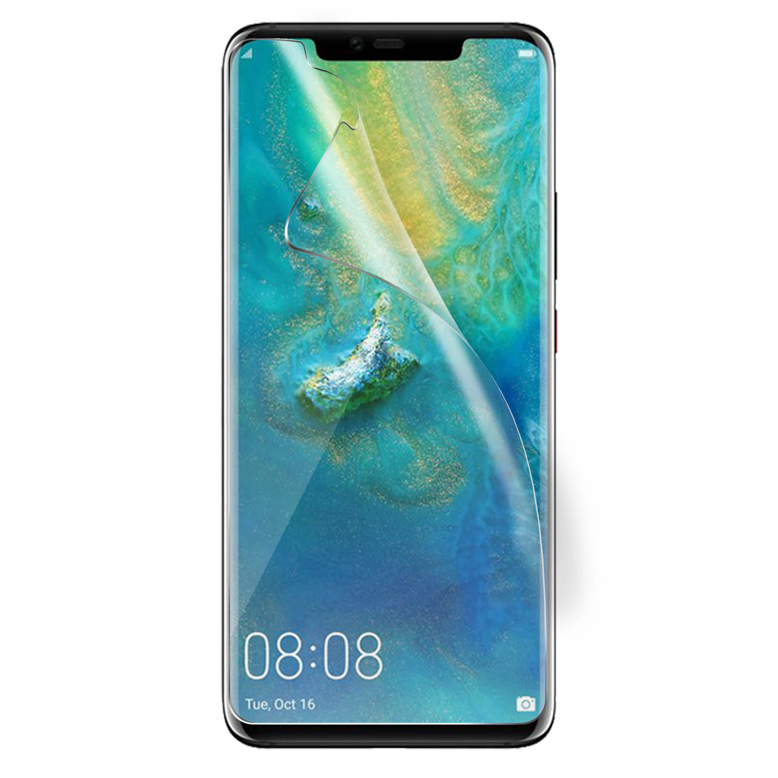 Telefono con protezione schermo. Lo schermo mostra uno sfondo colorato e l'ora.