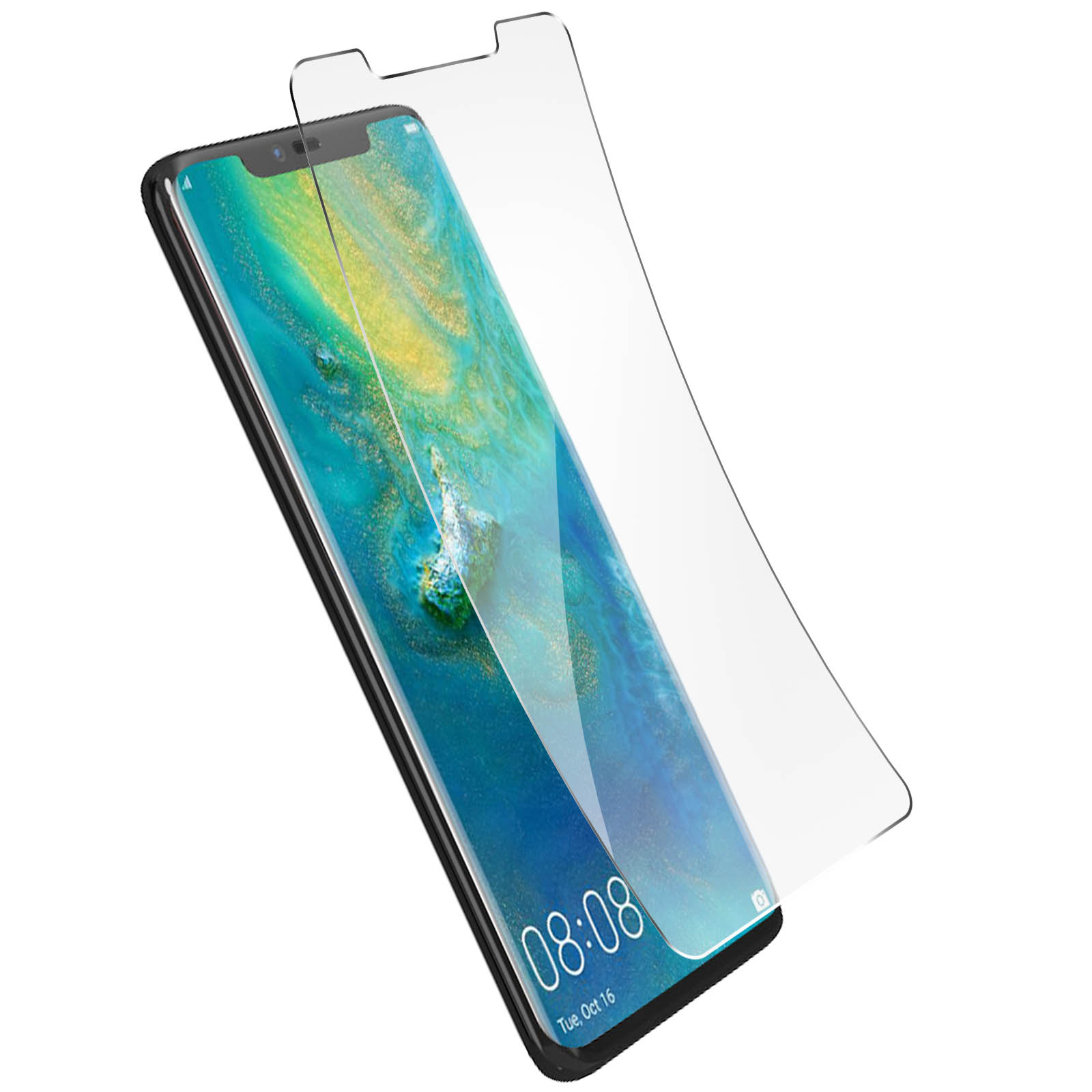 Un telefono con una protezione per lo schermo in fase di applicazione, con l'ora visualizzata sullo schermo.