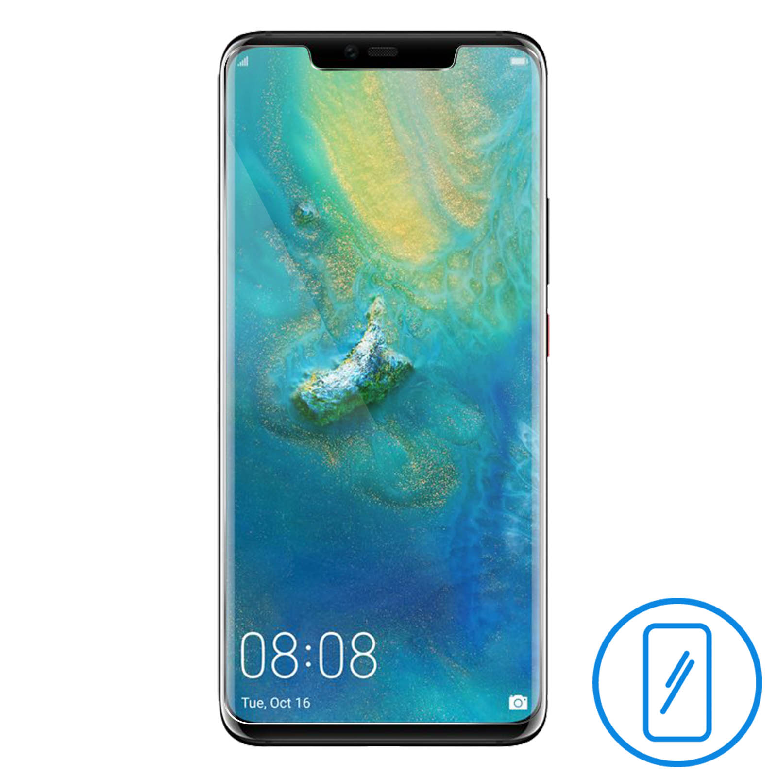 Telefono nero con schermo che mostra l'ora. Un'icona a cerchio blu nell'angolo in basso a destra.