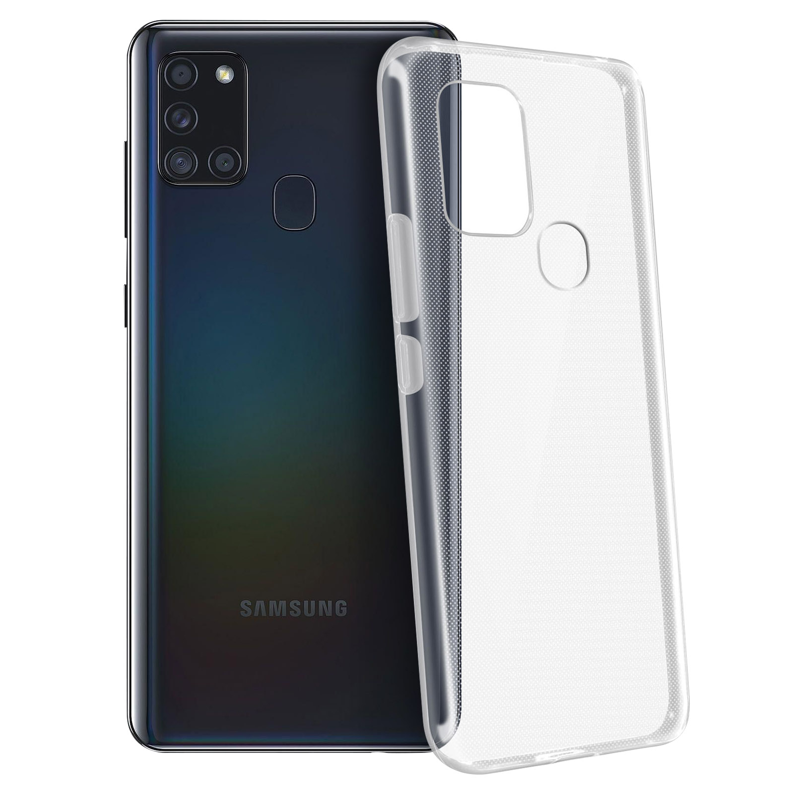 Schwarzes Telefon mit einer transparenten Handyhülle, die die Kamera und die Rückseite des Telefons zeigt.