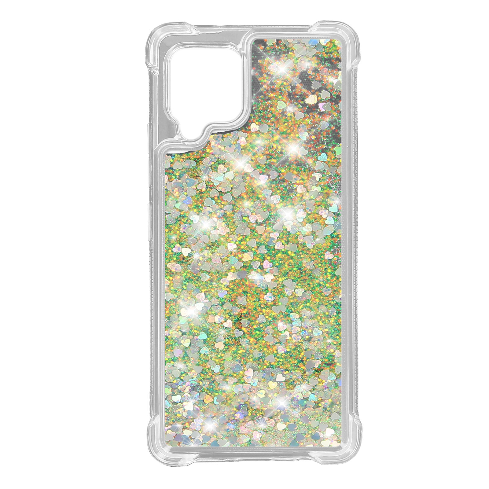 Una custodia per telefono con cuori glitterati. La custodia è trasparente.