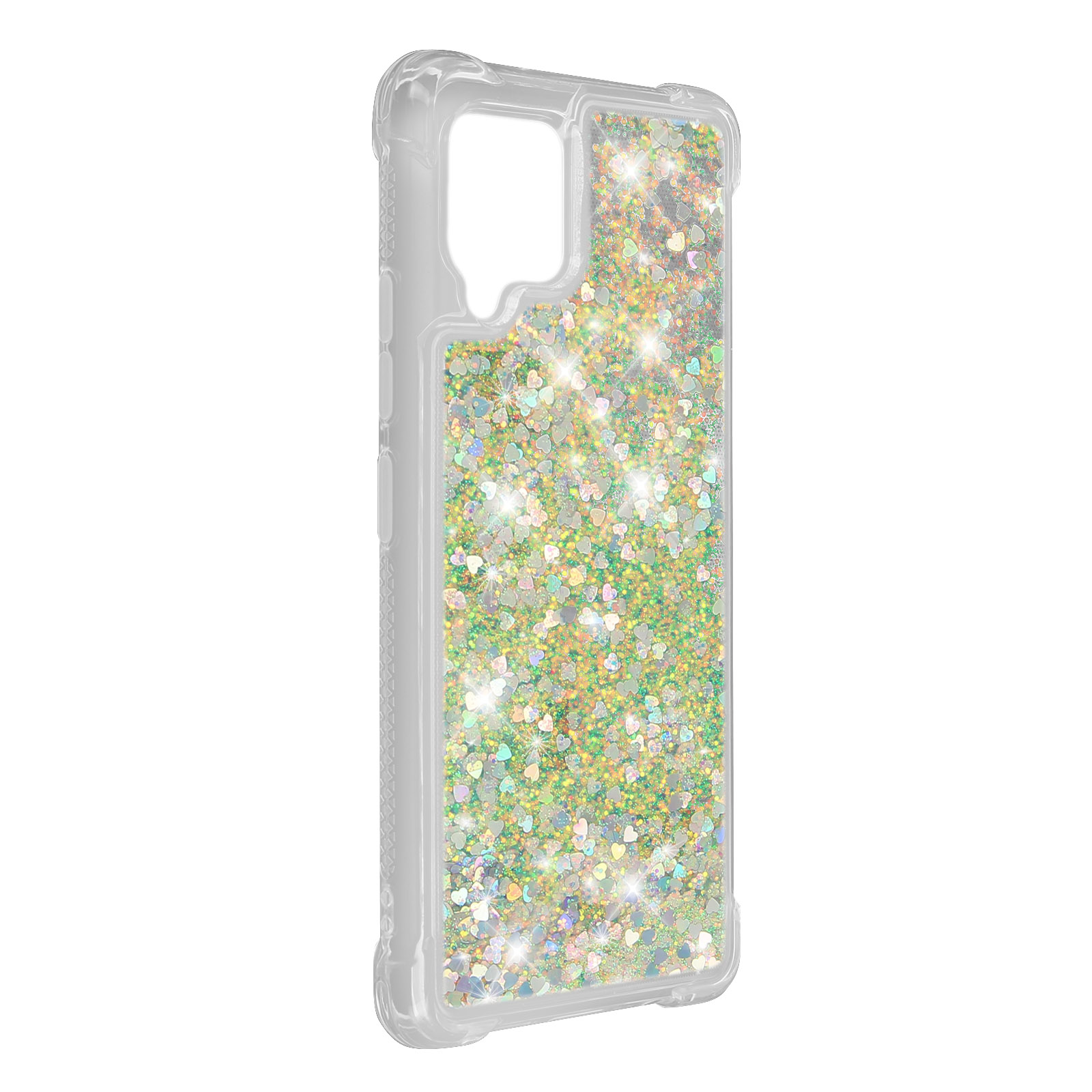 Custodia trasparente con glitter e cuori, vista laterale.