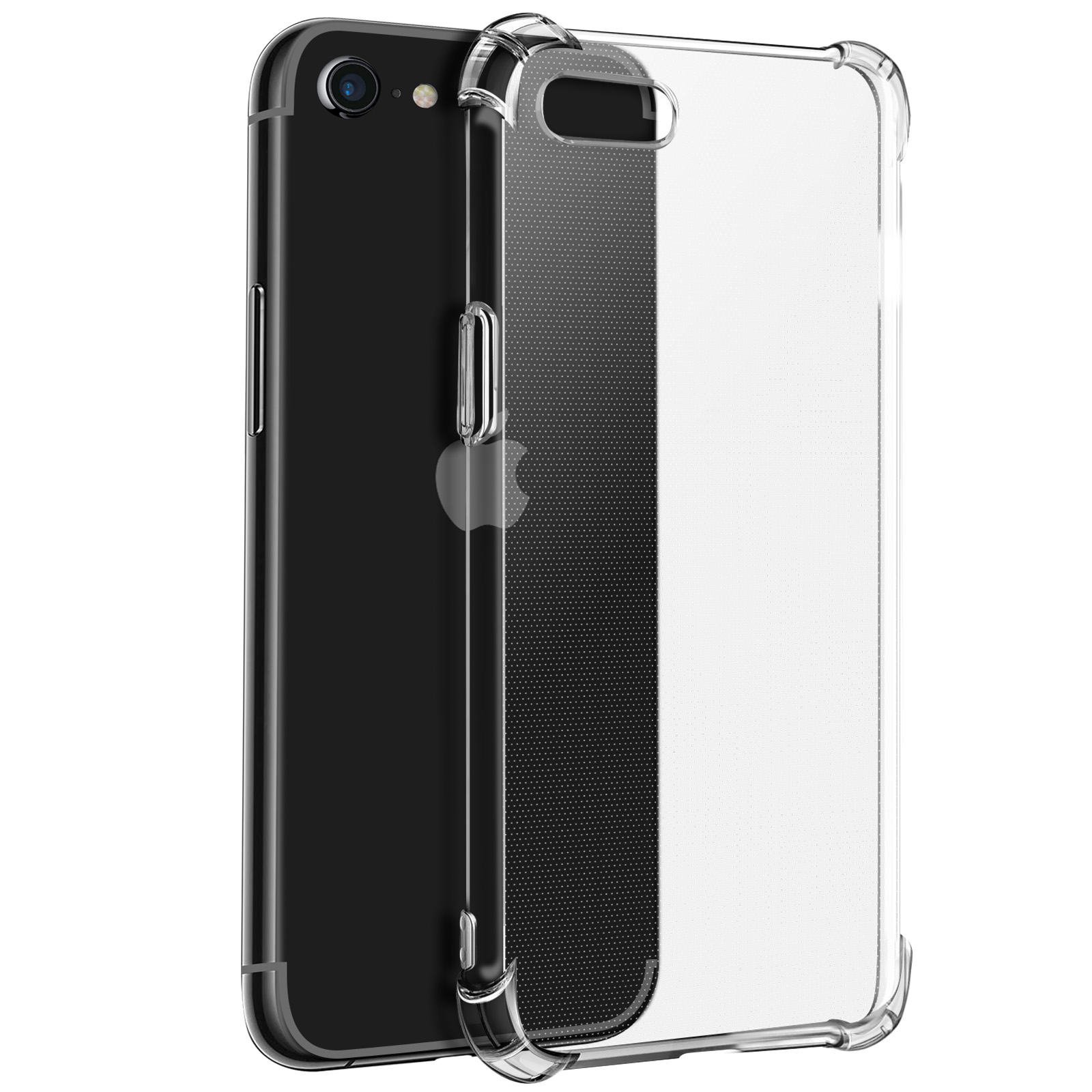 Schwarzes Telefon mit transparenter Hülle. Telefon in klarer Hülle. Auf weißer Oberfläche.
