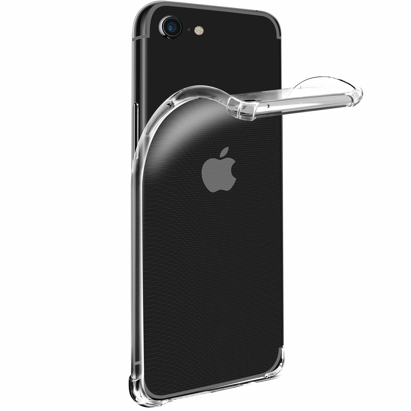Transparente Handyhülle auf einem schwarzen iPhone, Rückseite zeigend. Das Apple-Logo ist sichtbar.