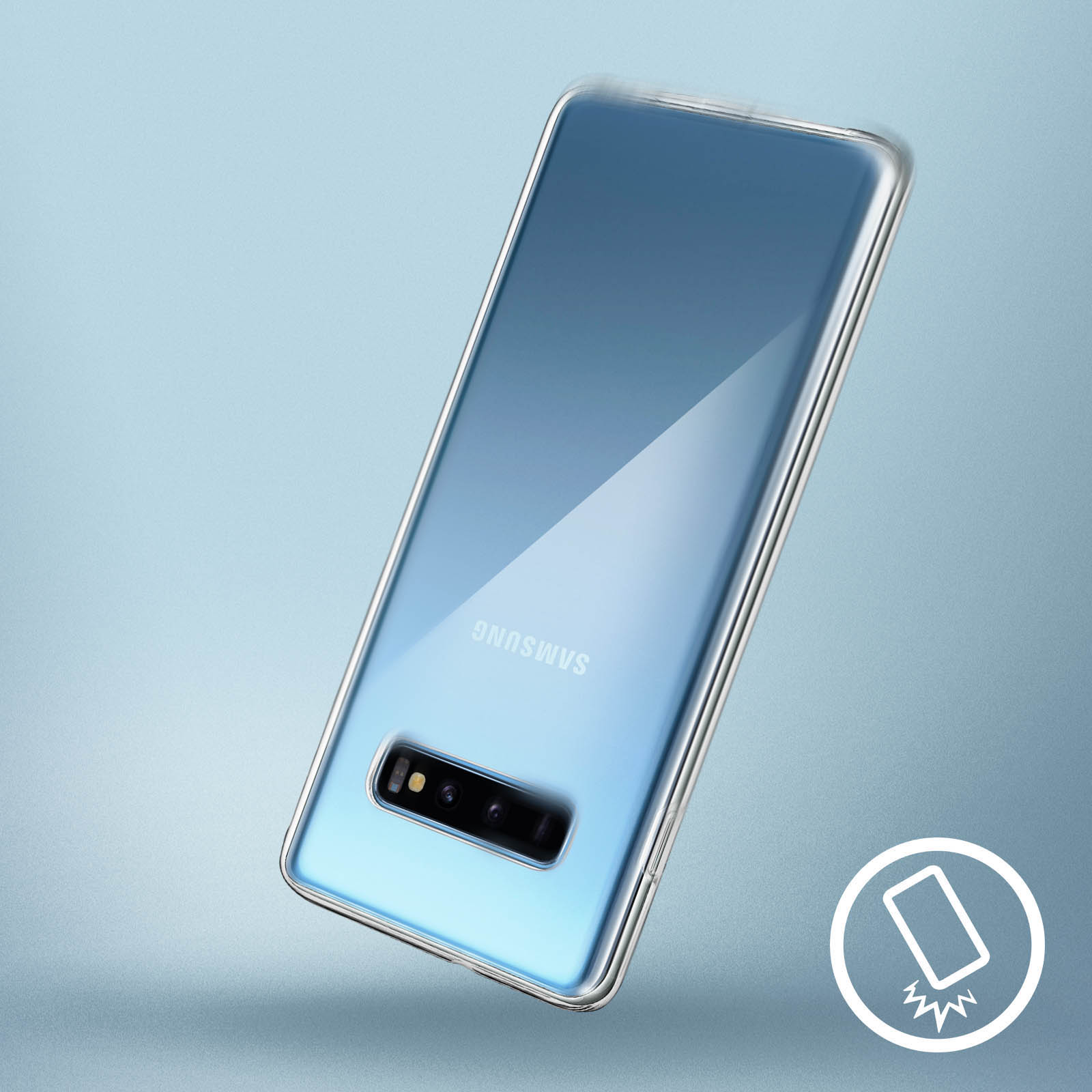 Blaues Telefon in klarer Hülle. Weißer Kreis mit Wellen. Hellblauer Hintergrund.