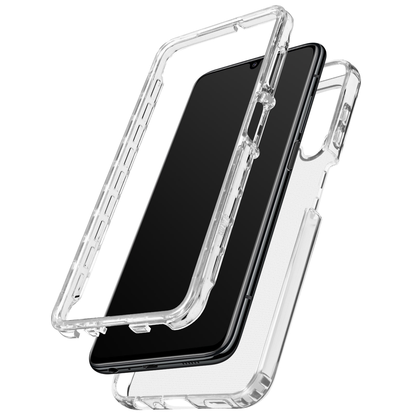 Smartphone con funda. El teléfono es negro. La funda es transparente, mostrando los componentes.