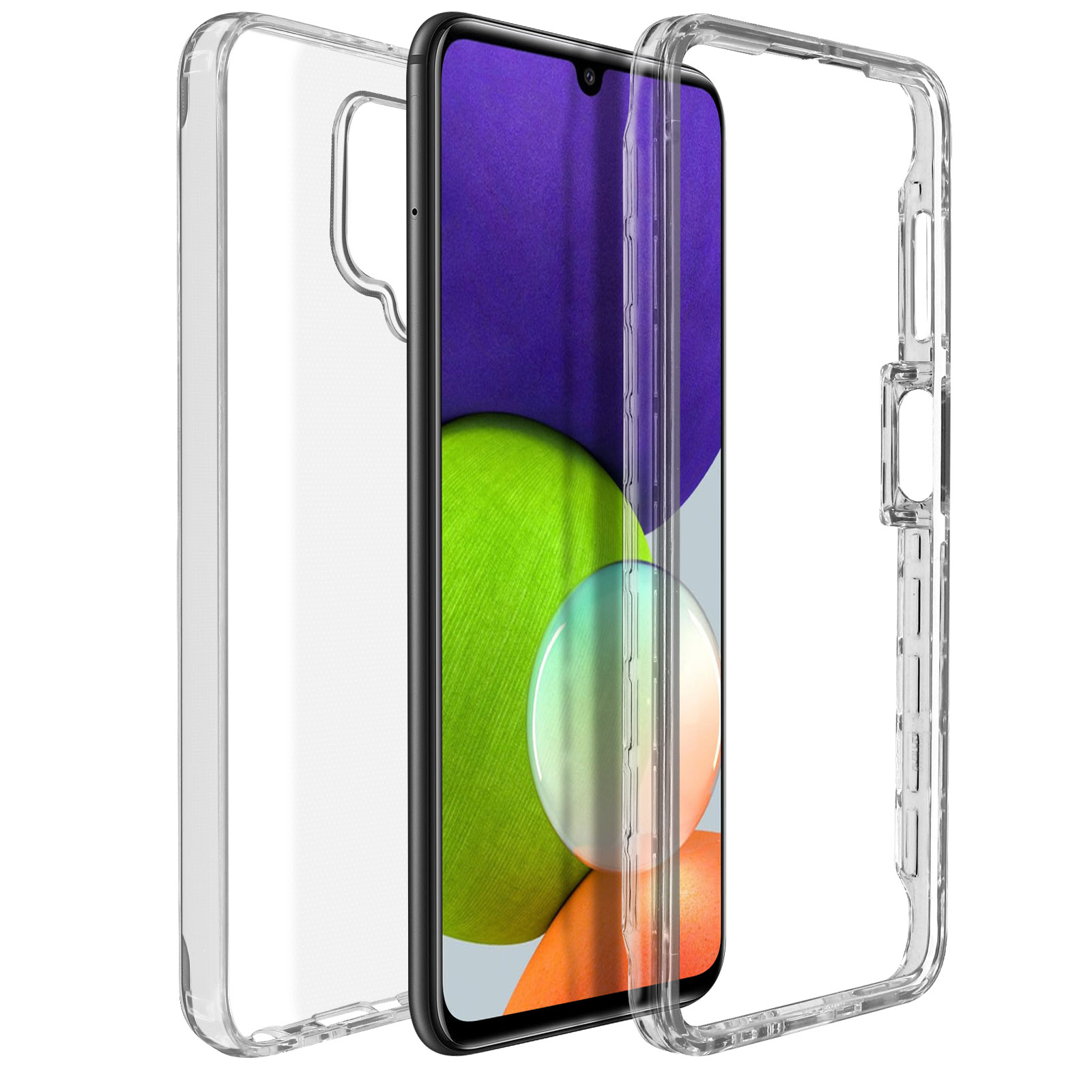 Funda transparente para teléfono, pantalla y piezas laterales separadas. El teléfono tiene un fondo colorido.