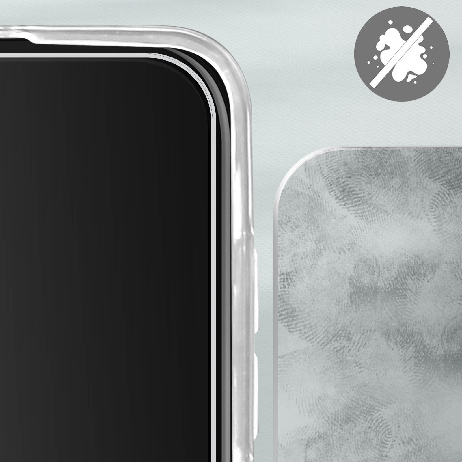 Uno schermo del telefono con una custodia trasparente e un simbolo che indica la protezione dallo sporco.