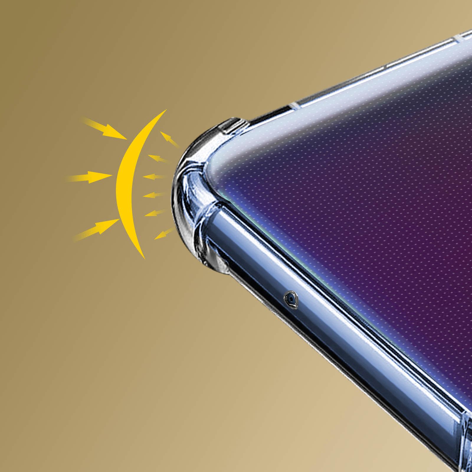 Angolo custodia telefono con design curvo, frecce gialle indicano protezione e luce.