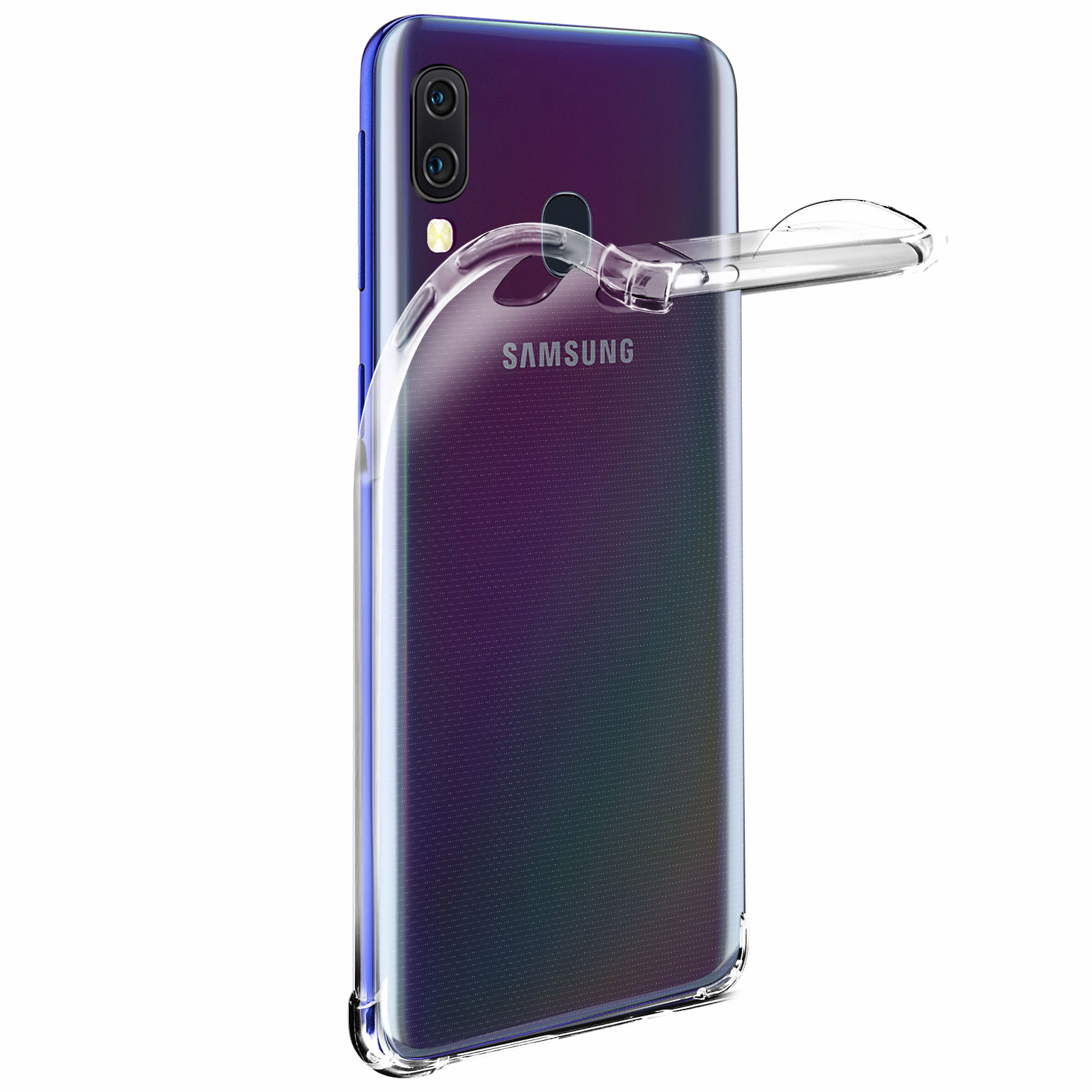 Custodia trasparente per telefono su un telefono. La custodia è trasparente e il telefono è visibile attraverso di essa.