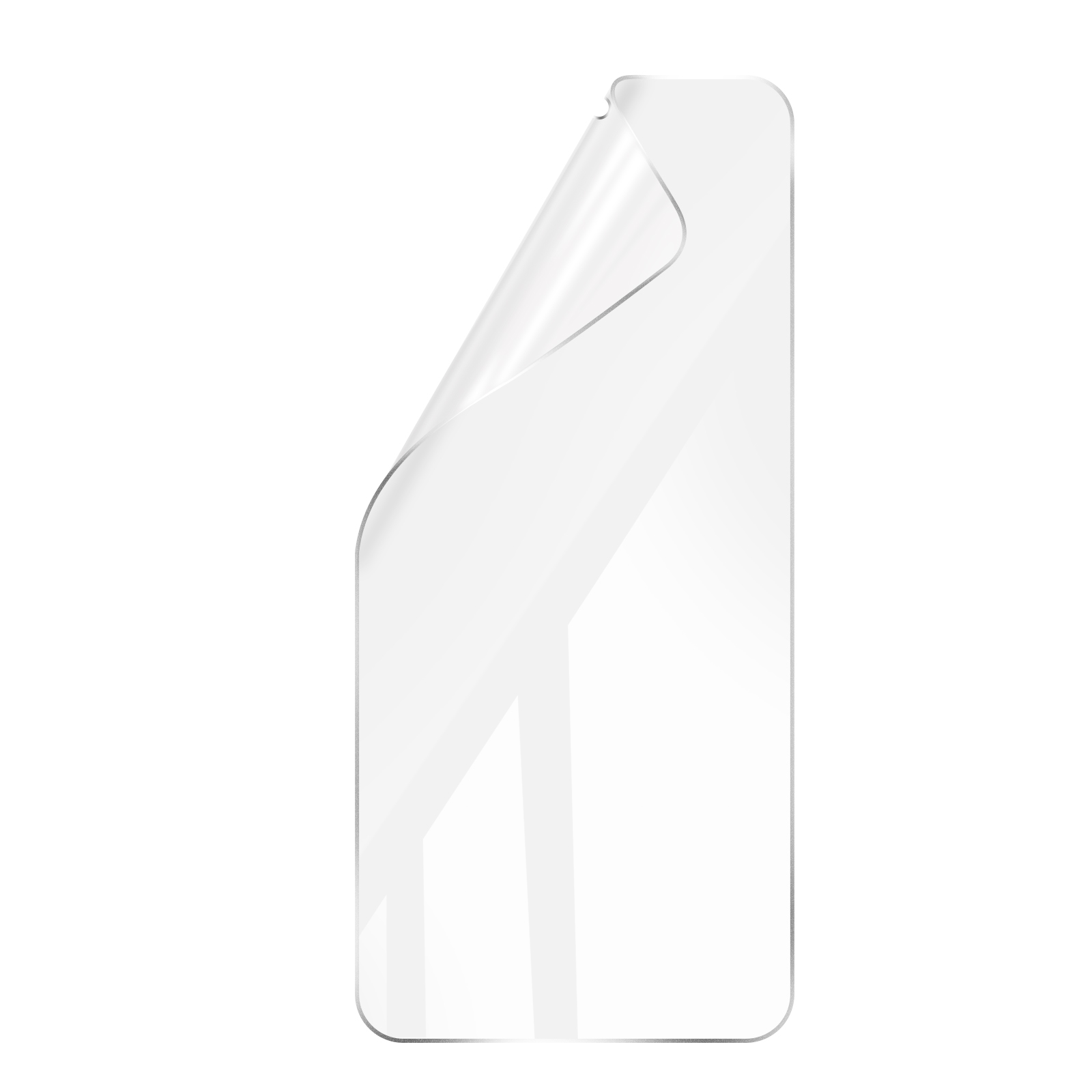 Protecteur d'écran transparent. Partiellement décollé pour montrer l'écran. Fond blanc.