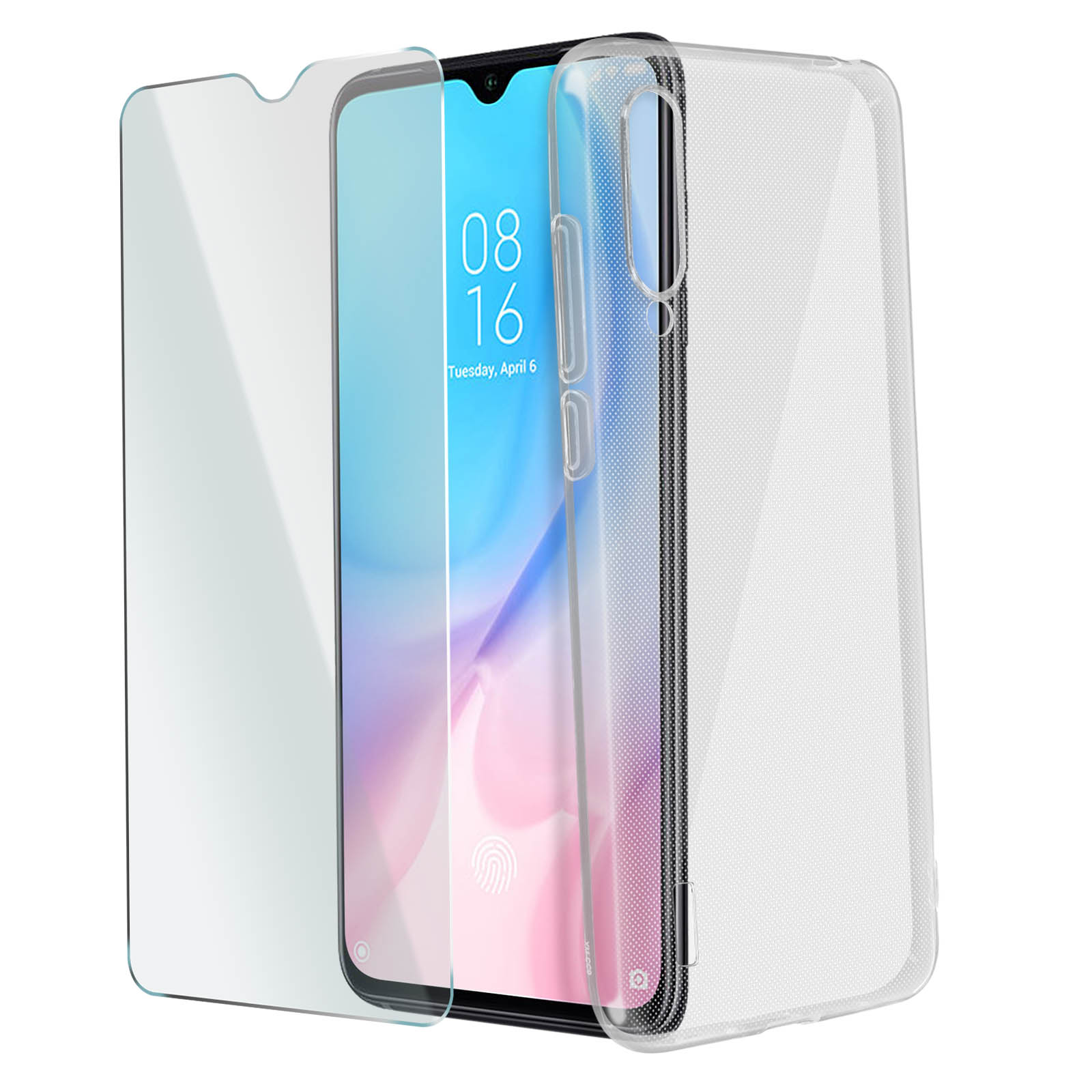 Un telefono con protezione schermo e custodia trasparente, con calendario sullo schermo.