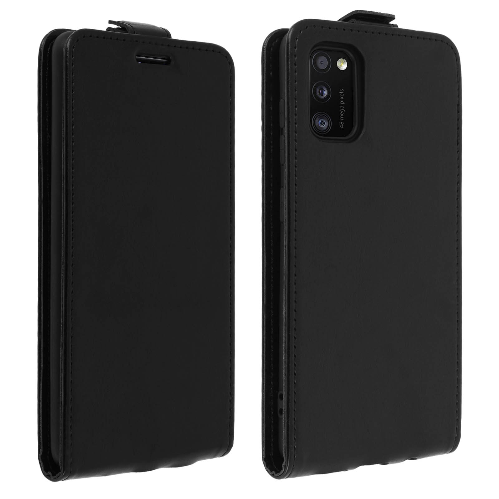 Un étui de téléphone noir. Un côté ouvert, montrant l'écran du téléphone, l'autre côté est fermé.