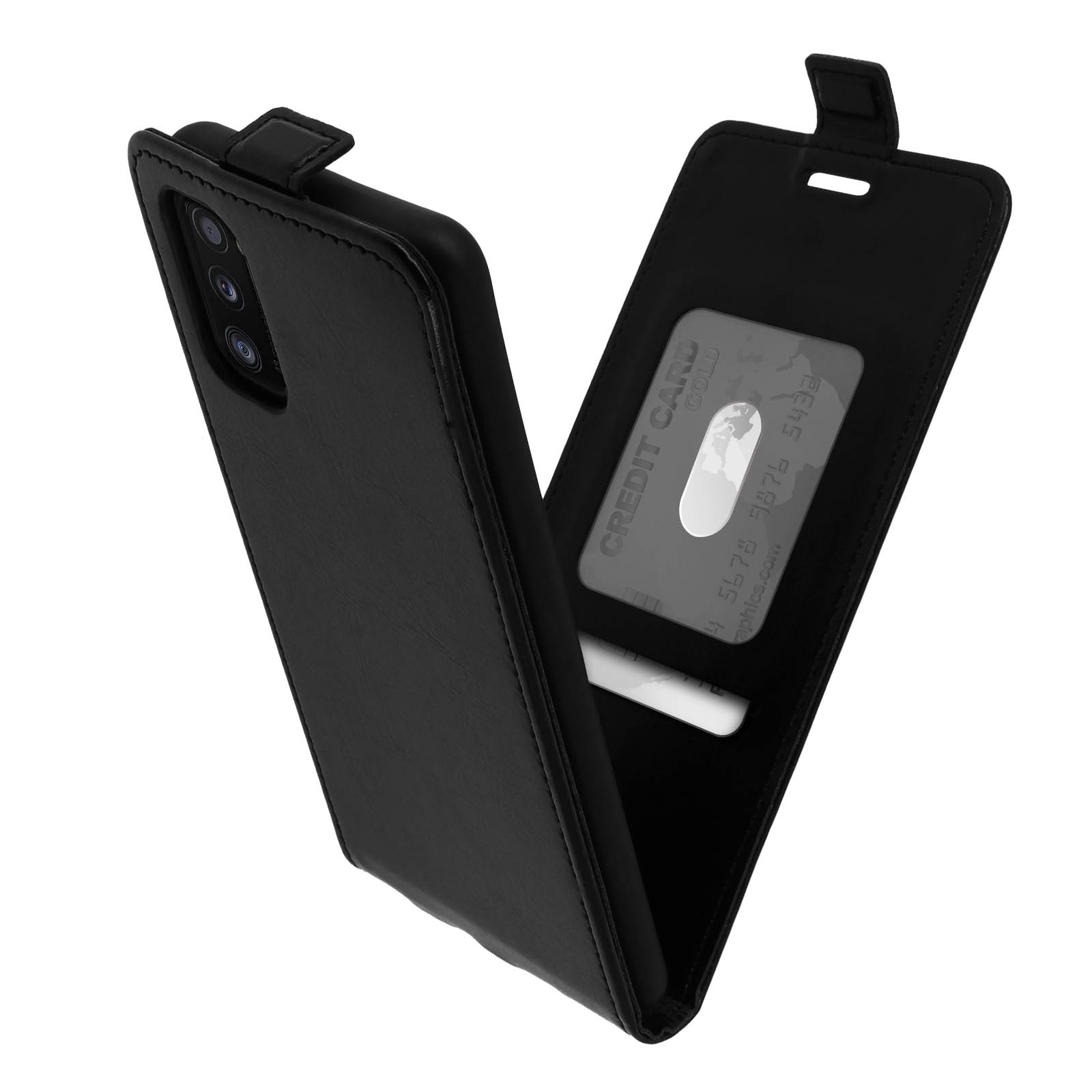 Étui de téléphone noir ouvert, montrant une carte de crédit et un téléphone. Fond blanc.