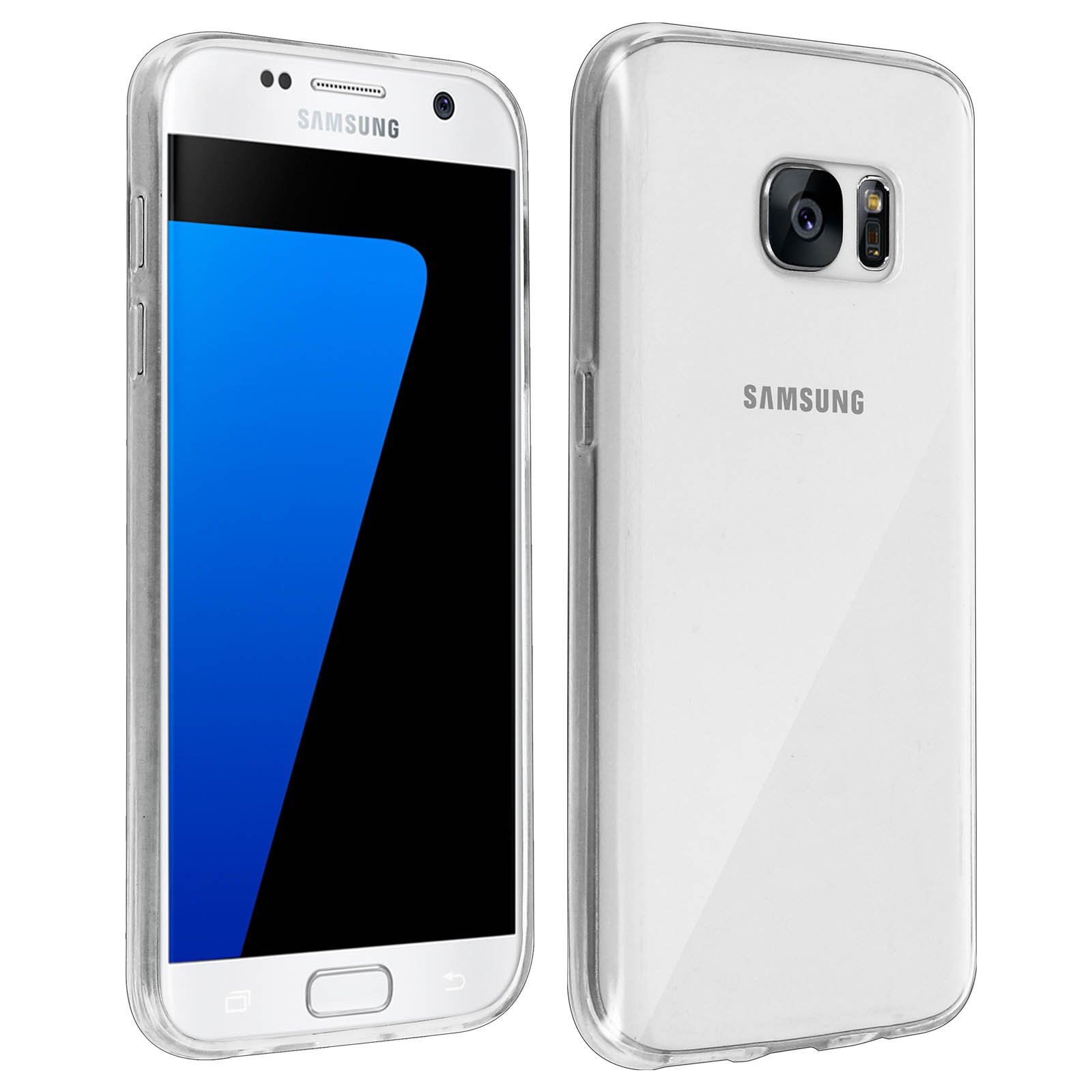 Ein weißes Telefon in einer transparenten Hülle. Die Hülle bedeckt die Rückseite und die Seiten des Telefons. Das Display ist sichtbar.