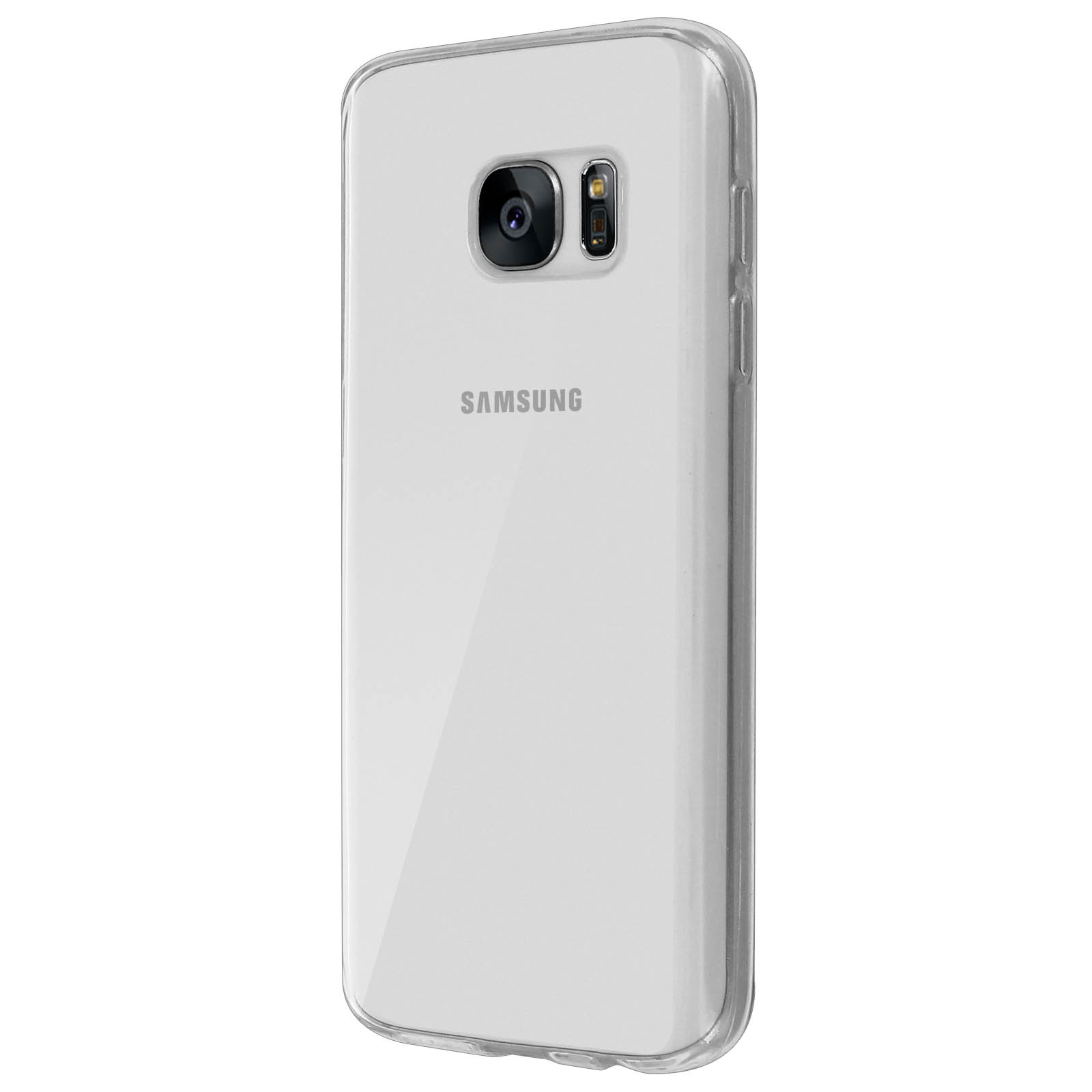 Transparente Handyhülle auf weißem Telefon. Samsung-Logo sichtbar.