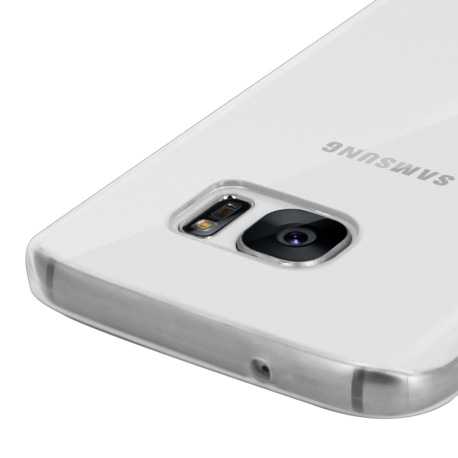 Ein weißes Telefon mit transparenter Hülle wird gezeigt. Das Telefon hat eine Kamera und das Samsung-Logo ist sichtbar.